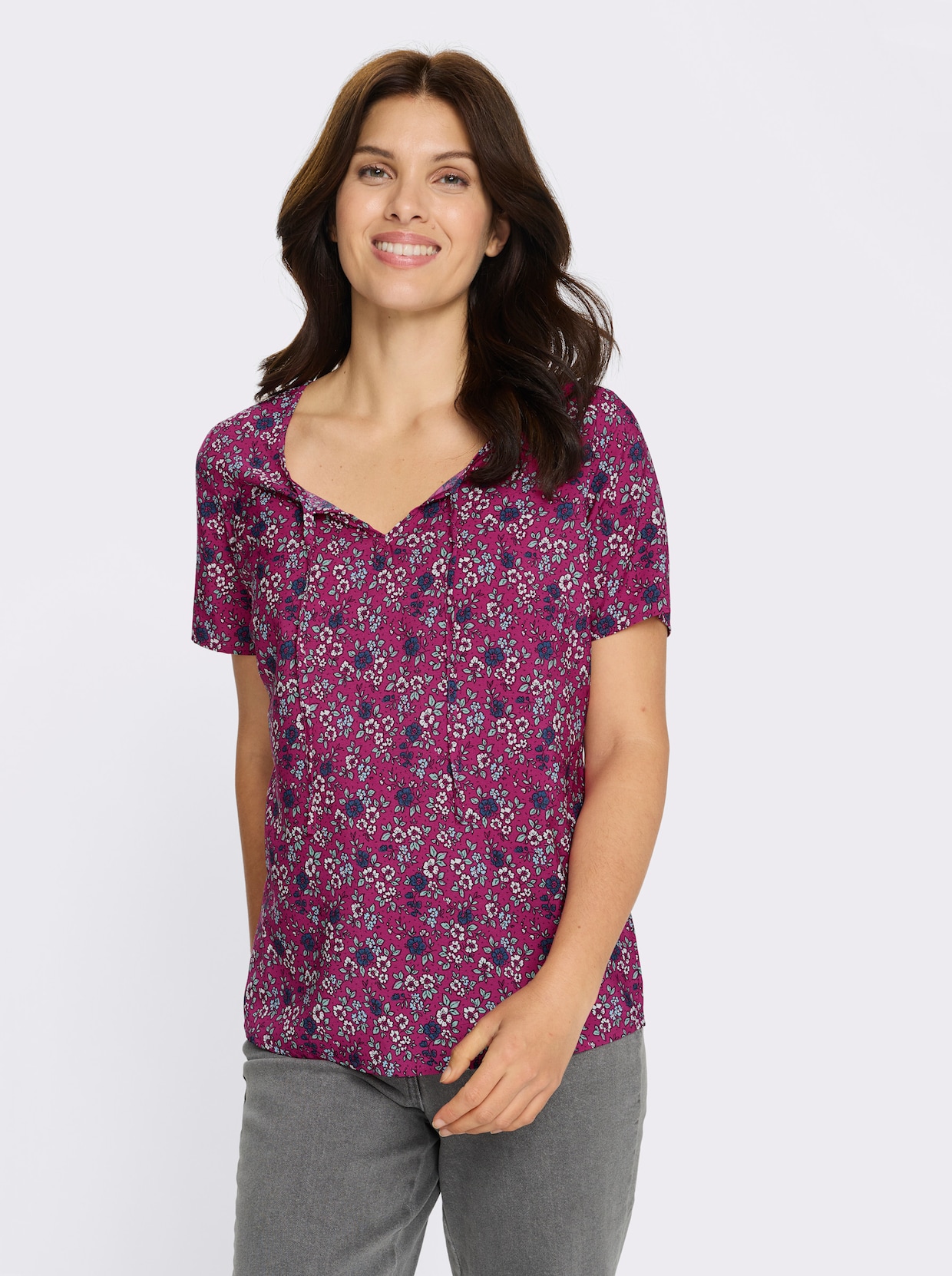 Schlupfbluse mit Millefleurs - fuchsia-jeansblau-bedruckt