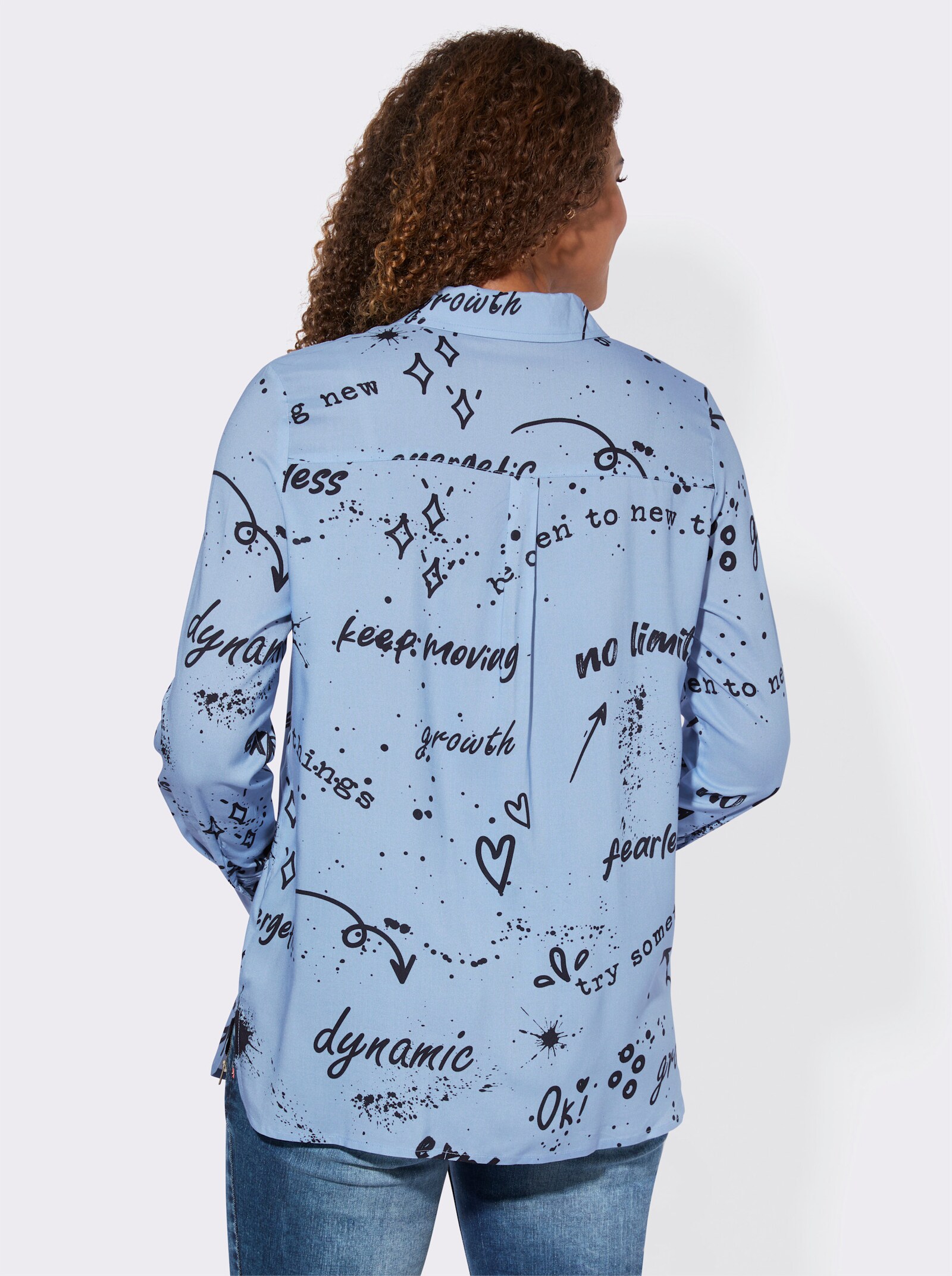 Druckbluse mit abgerundeten Seitenschlitzen - himmelblau-schwarz-bedruckt