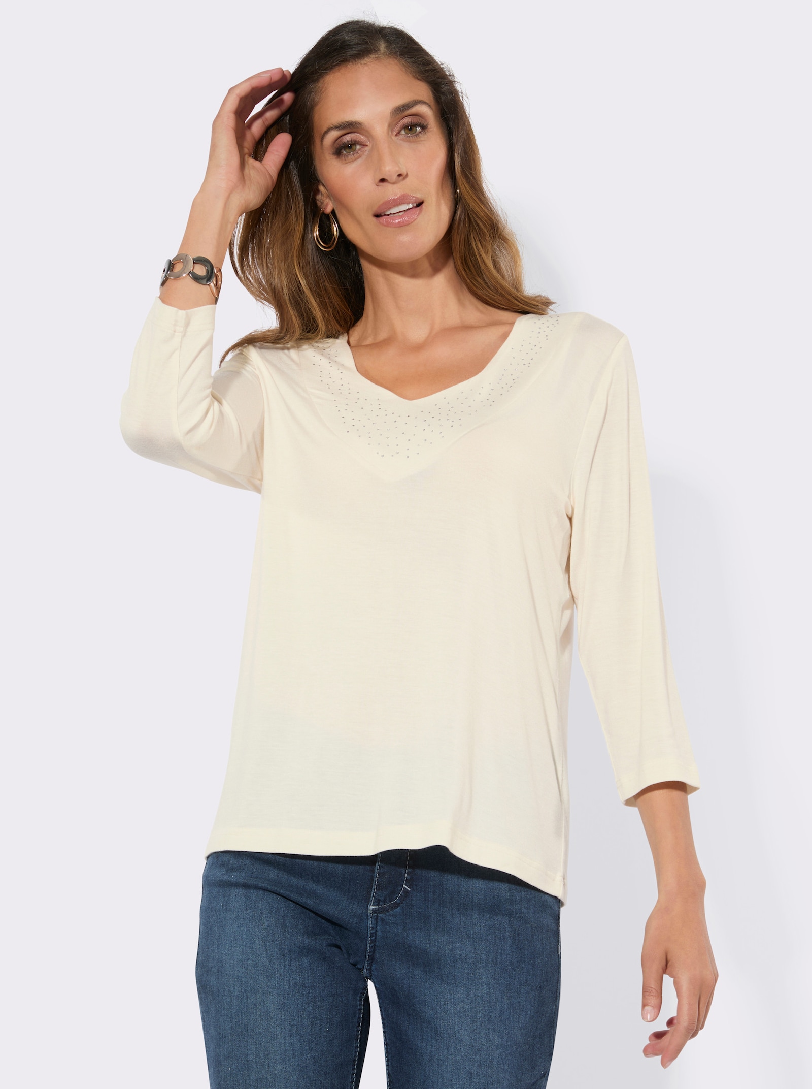 2-in-1-Langarmshirt mit Ziersteinchen am Ausschnitt - champagner