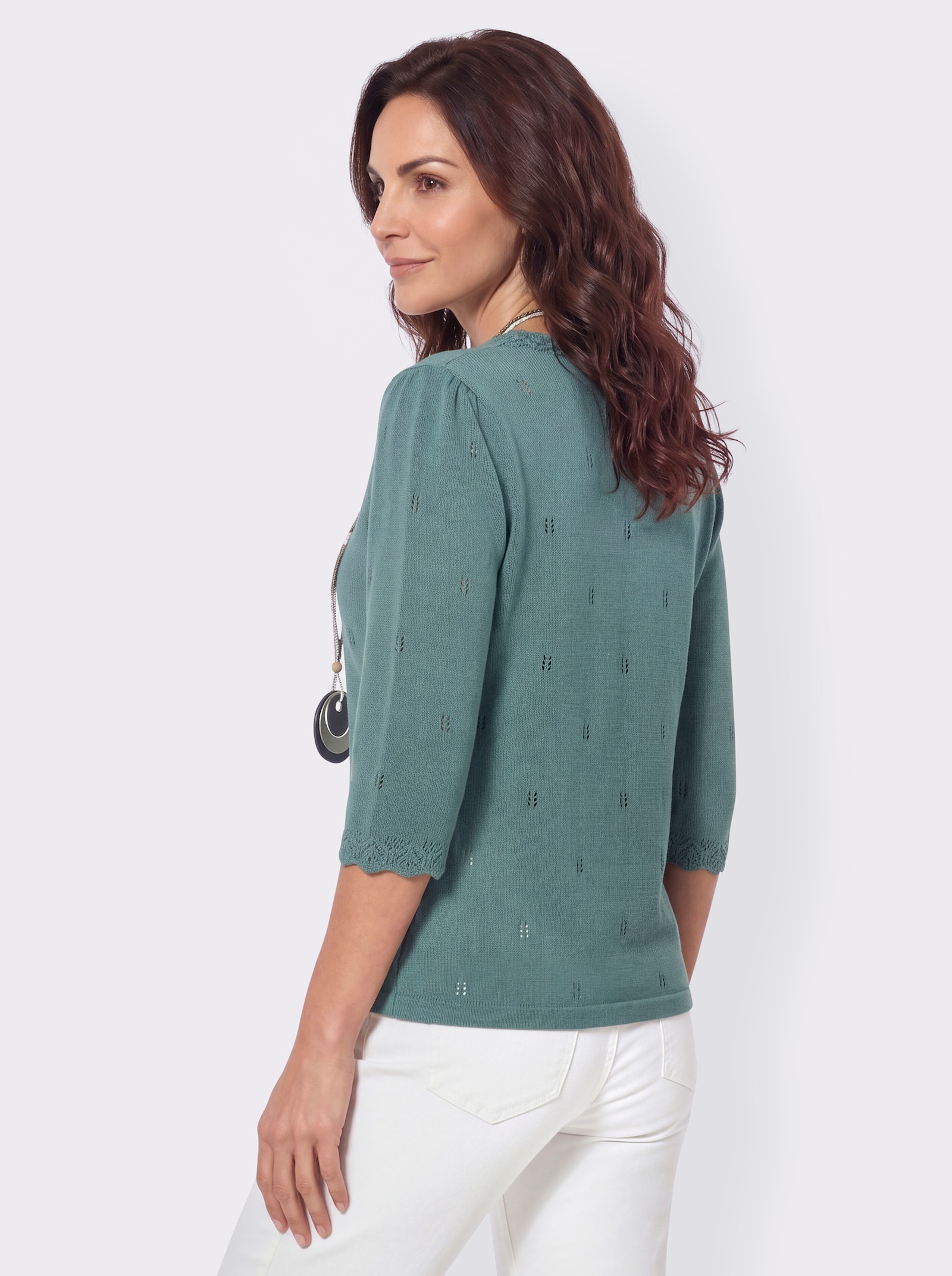 Baumwollpullover mit gewellten Abschlüssen - jade