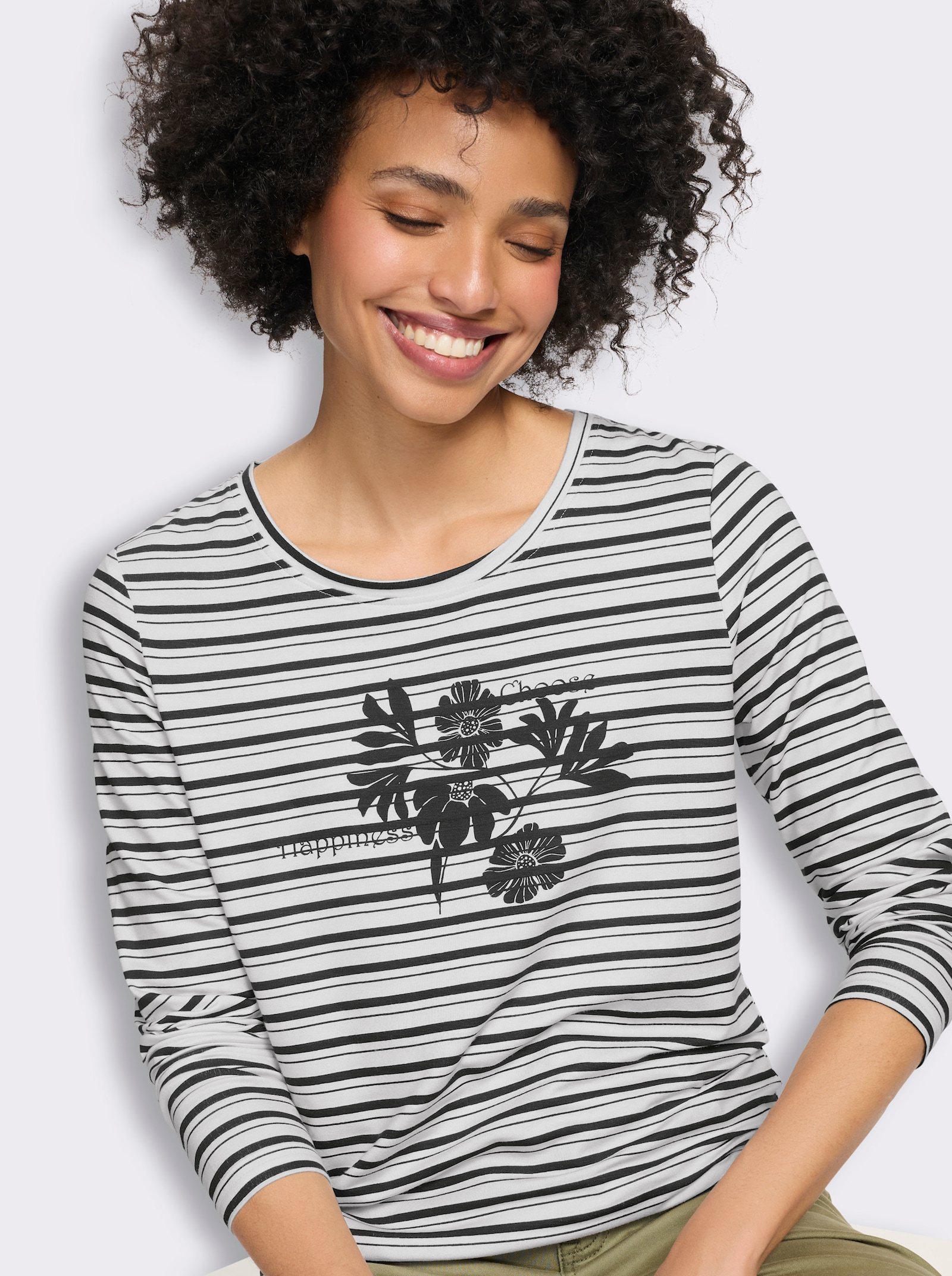 heine Langarmshirt mit Ringel- und Blüten-Print - schwarz-ecru-geringelt