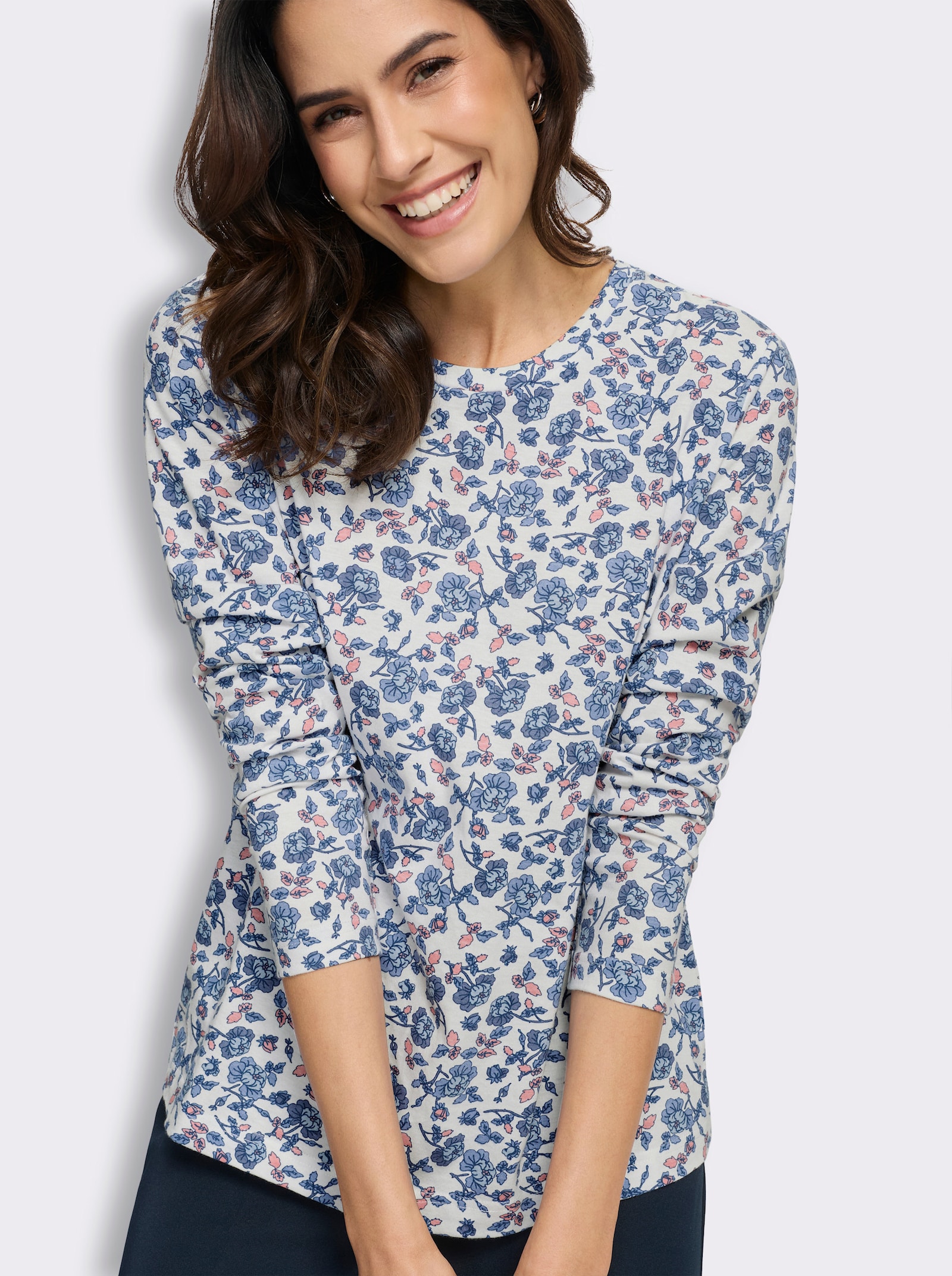 Print-Shirt mit floralem Muster - ecru-jeansblau-bedruckt