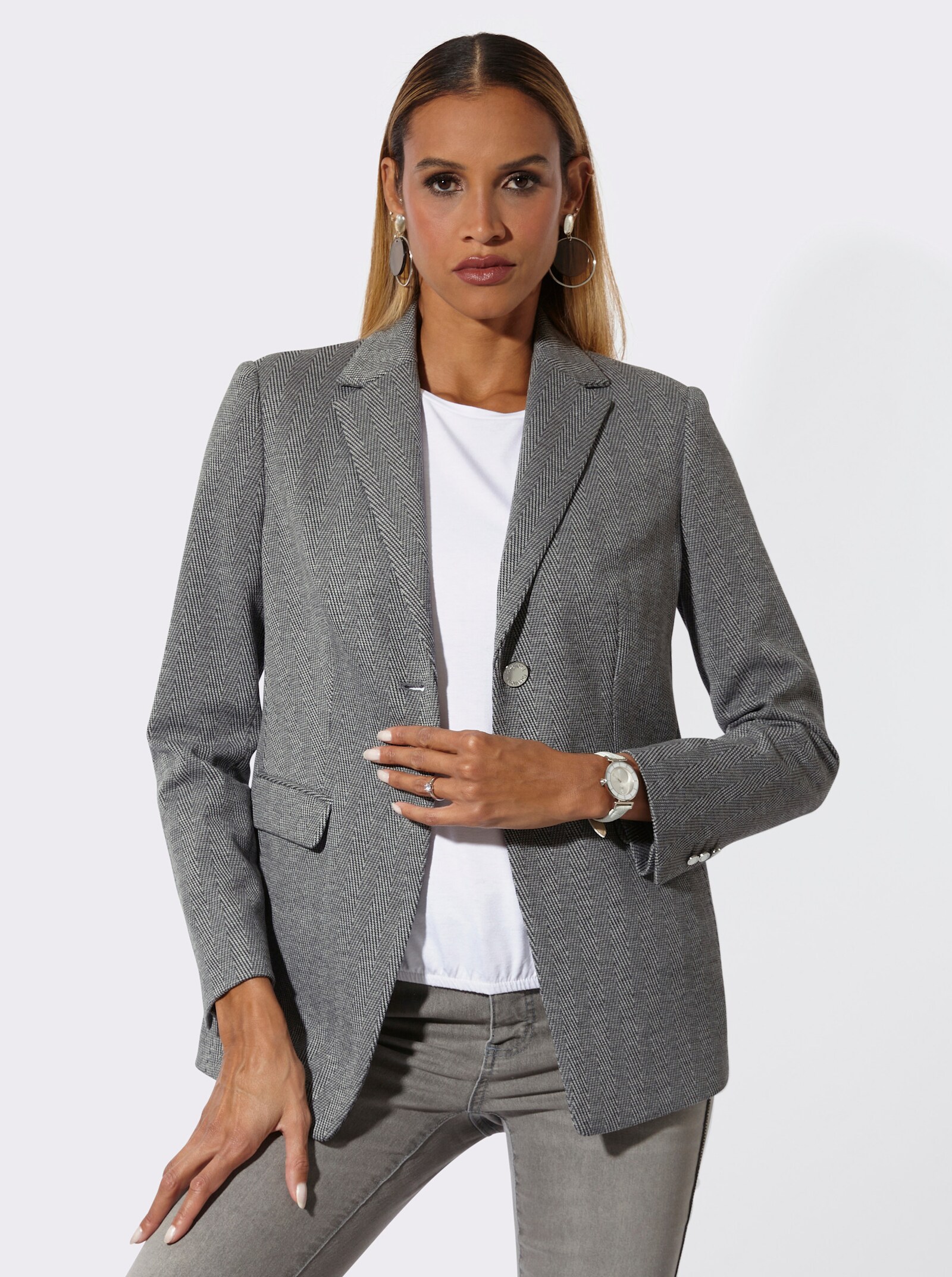 Jerseyblazer im Fischgrat-Dessin - grau-anthrazit-gemustert