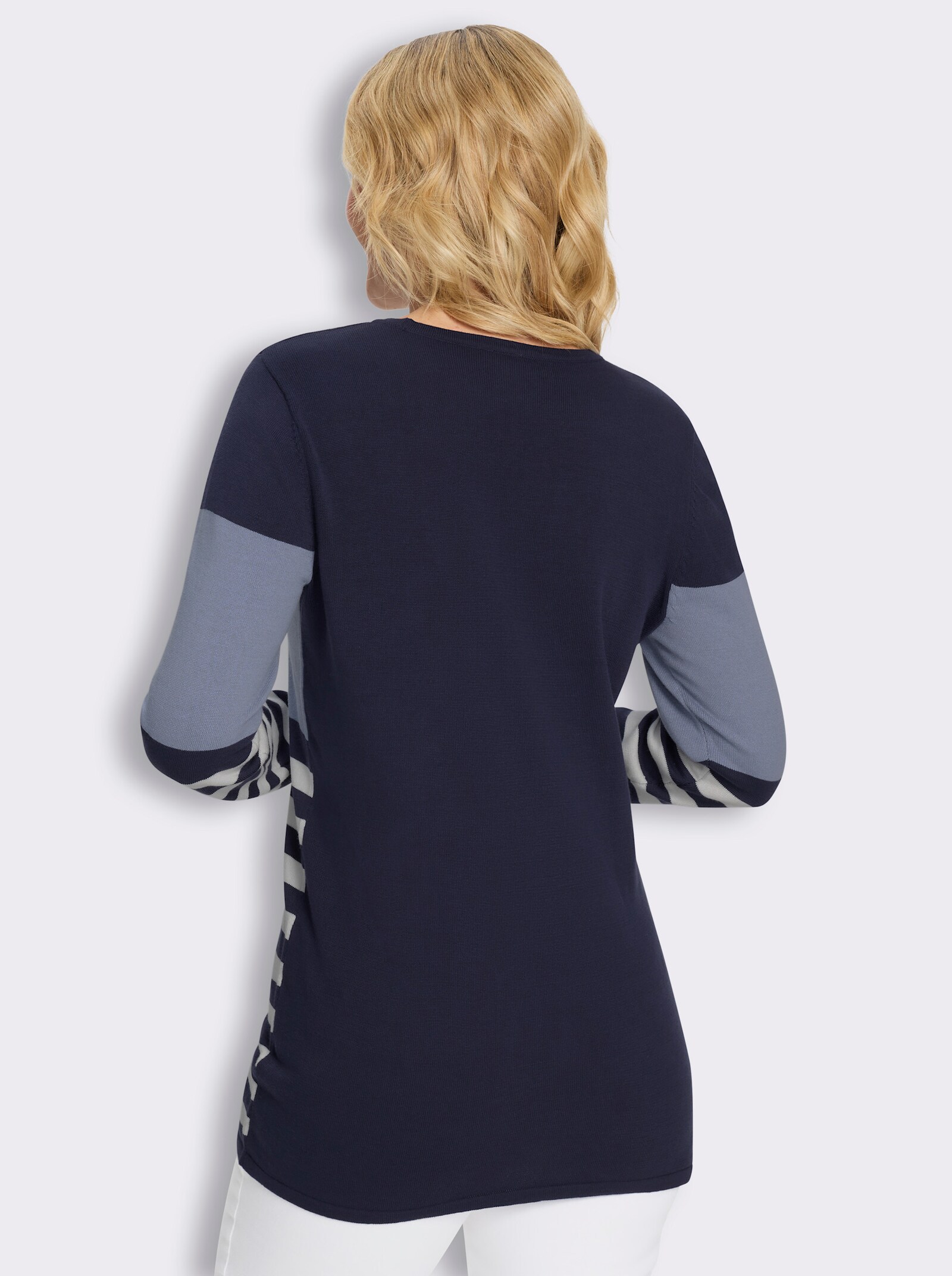 Longpullover mit Streifen-Muster vorne - taubenblau-marine-geringelt