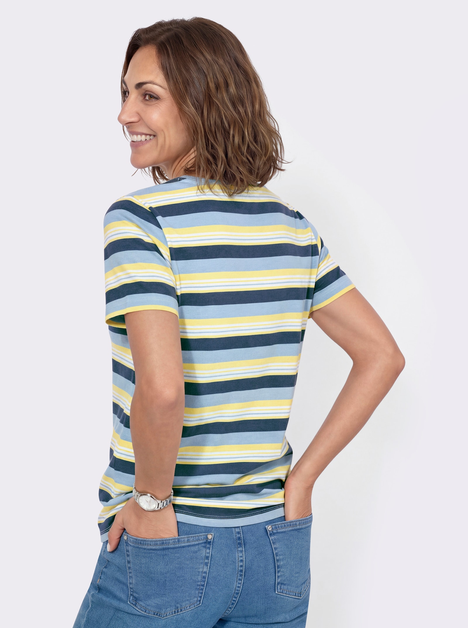Ringelshirt mit Rundhals-Ausschnitt - dunkelblau-zitrone-gestreift