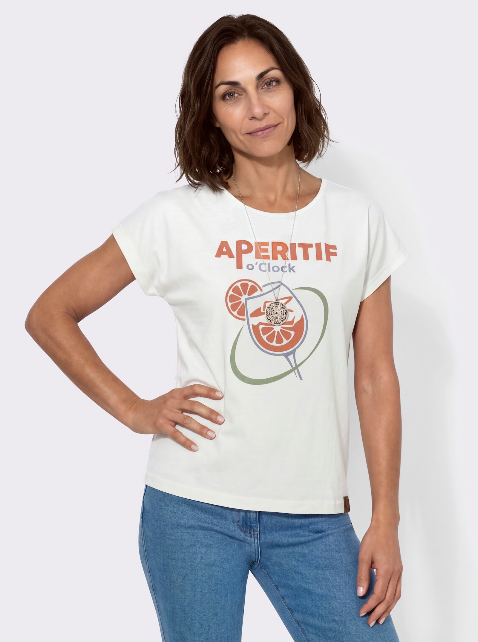 Shirt mit überschnittenen Schultern - ecru-papaya-bedruckt