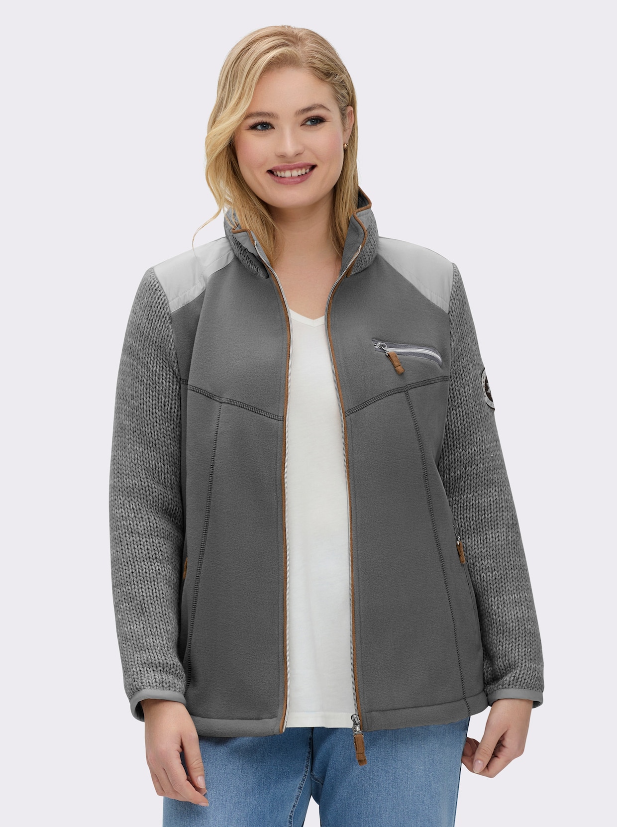 Fleecejacke im Mix aus Fleece und Strick - grau-meliert