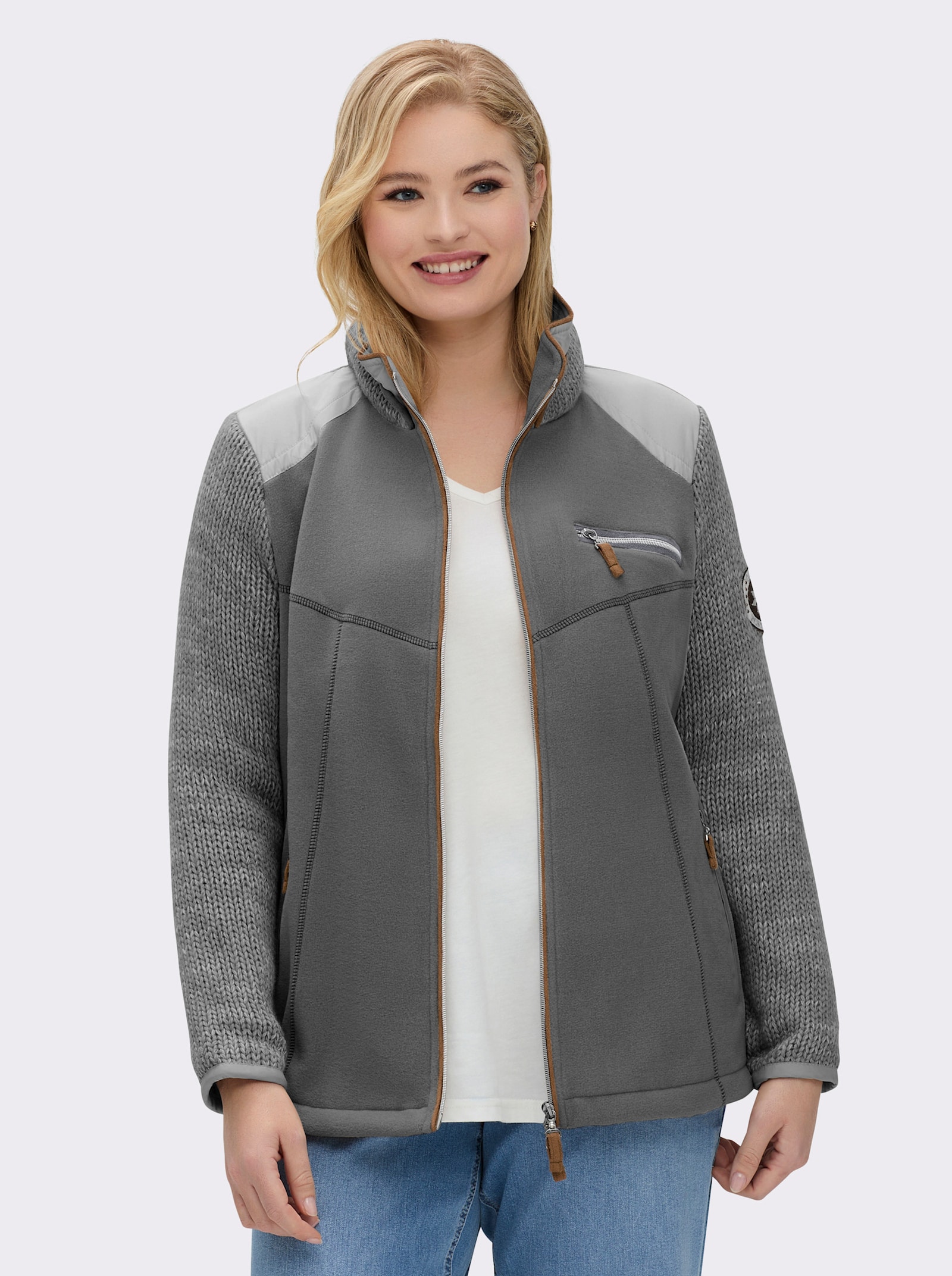 Fleecejacke im Mix aus Fleece und Strick - grau-meliert