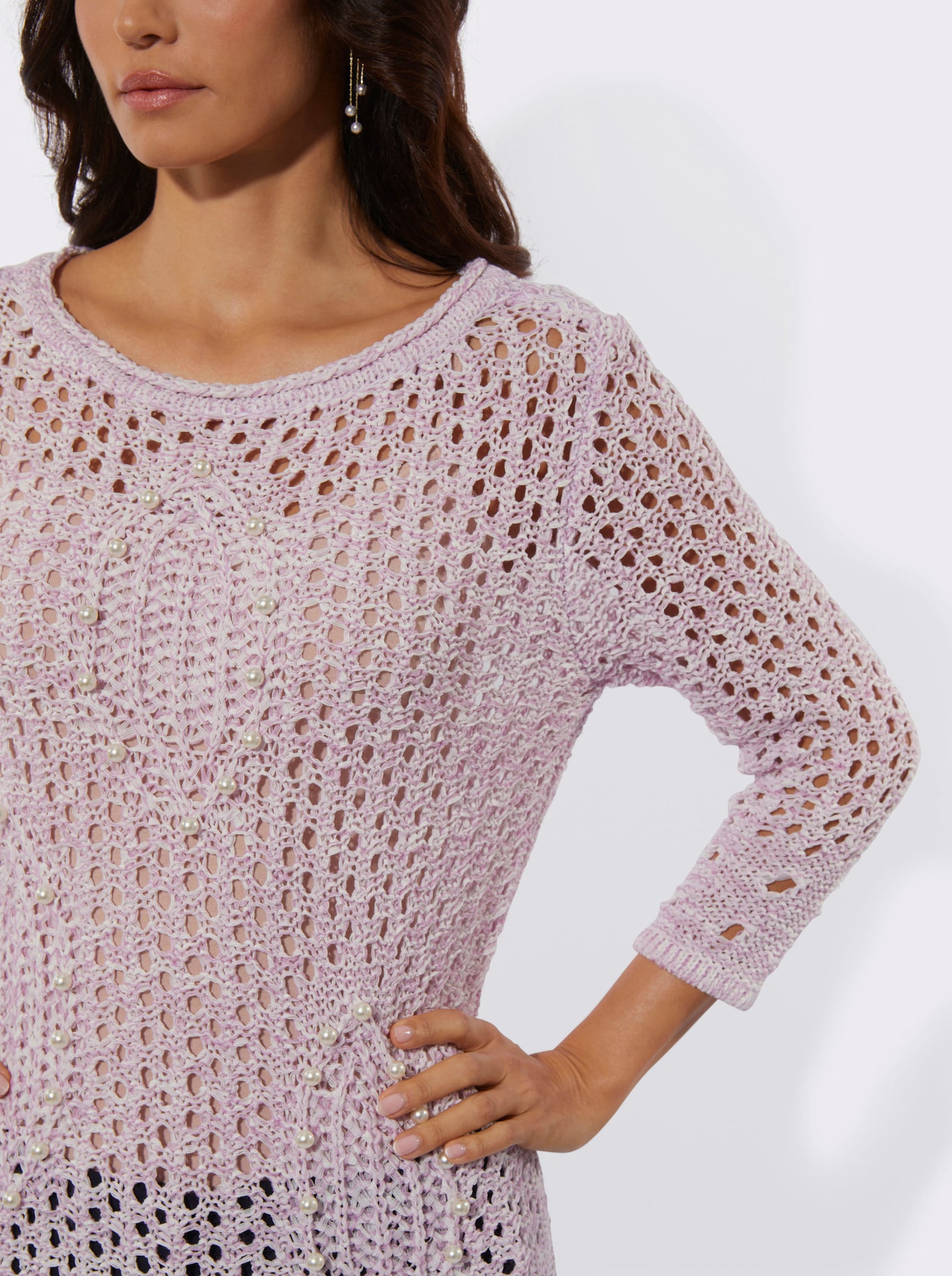 Ajourpullover mit Polyacryl - ecru-orchidee-meliert