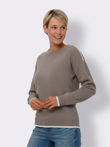 Langarm-Pullover mit Kontraststreifen - taupe-ecru