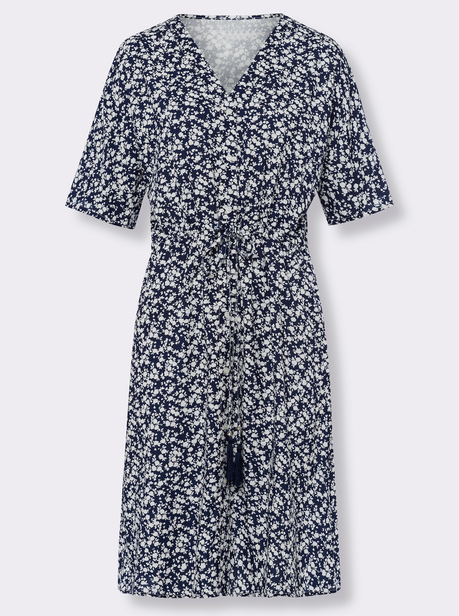 heine Jurk in A-lijn met bindceintuur - marine/ecru geprint