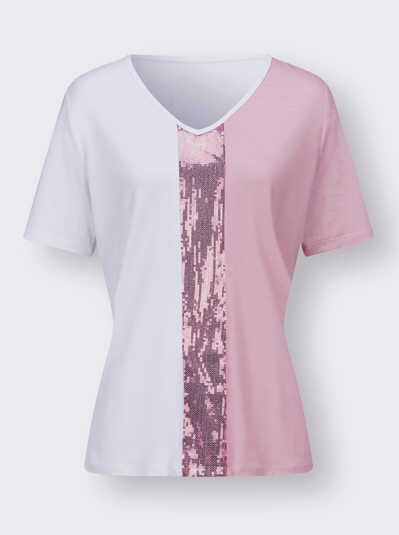 V-Shirt mit Paillettenband - rosé-weiß
