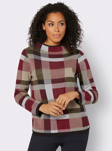 Stehkragenpullover mit Karomuster - schwarz-dunkelrot-gemustert