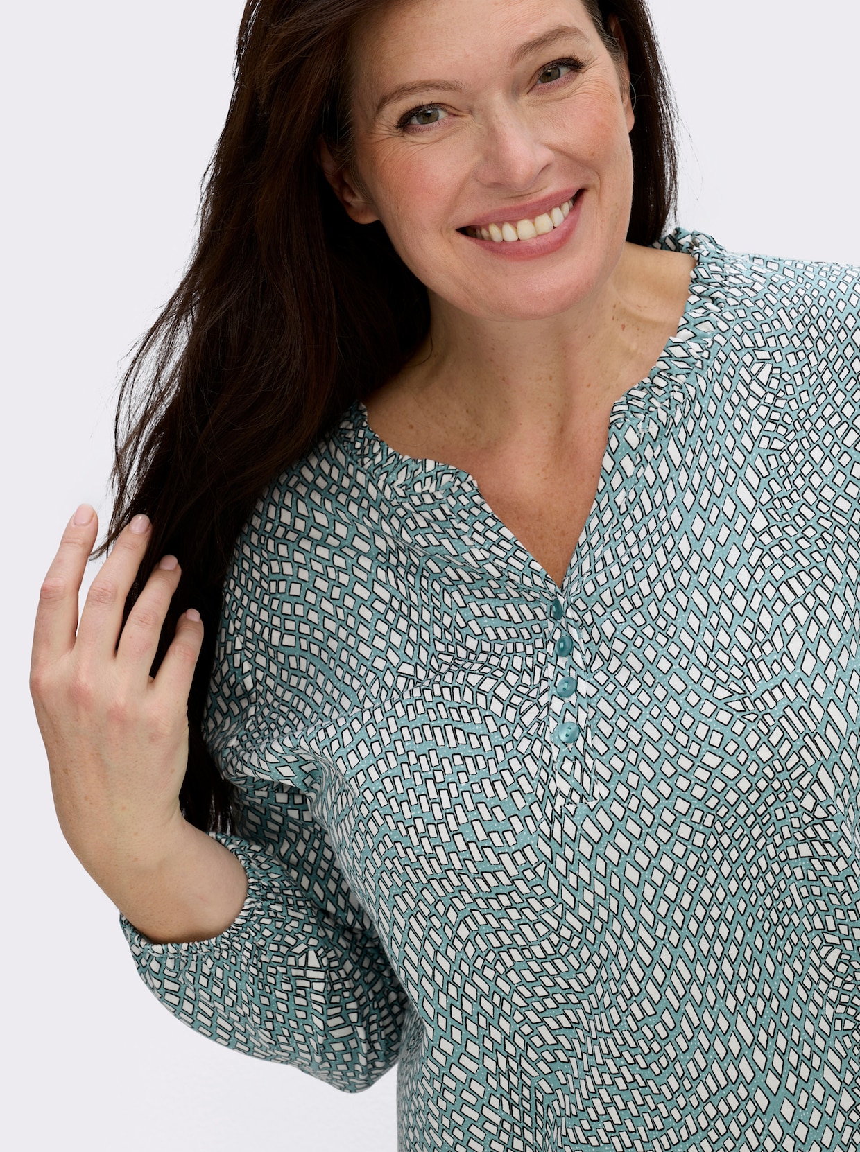 Langarmshirt im Material-Mix - ozean-ecru-bedruckt