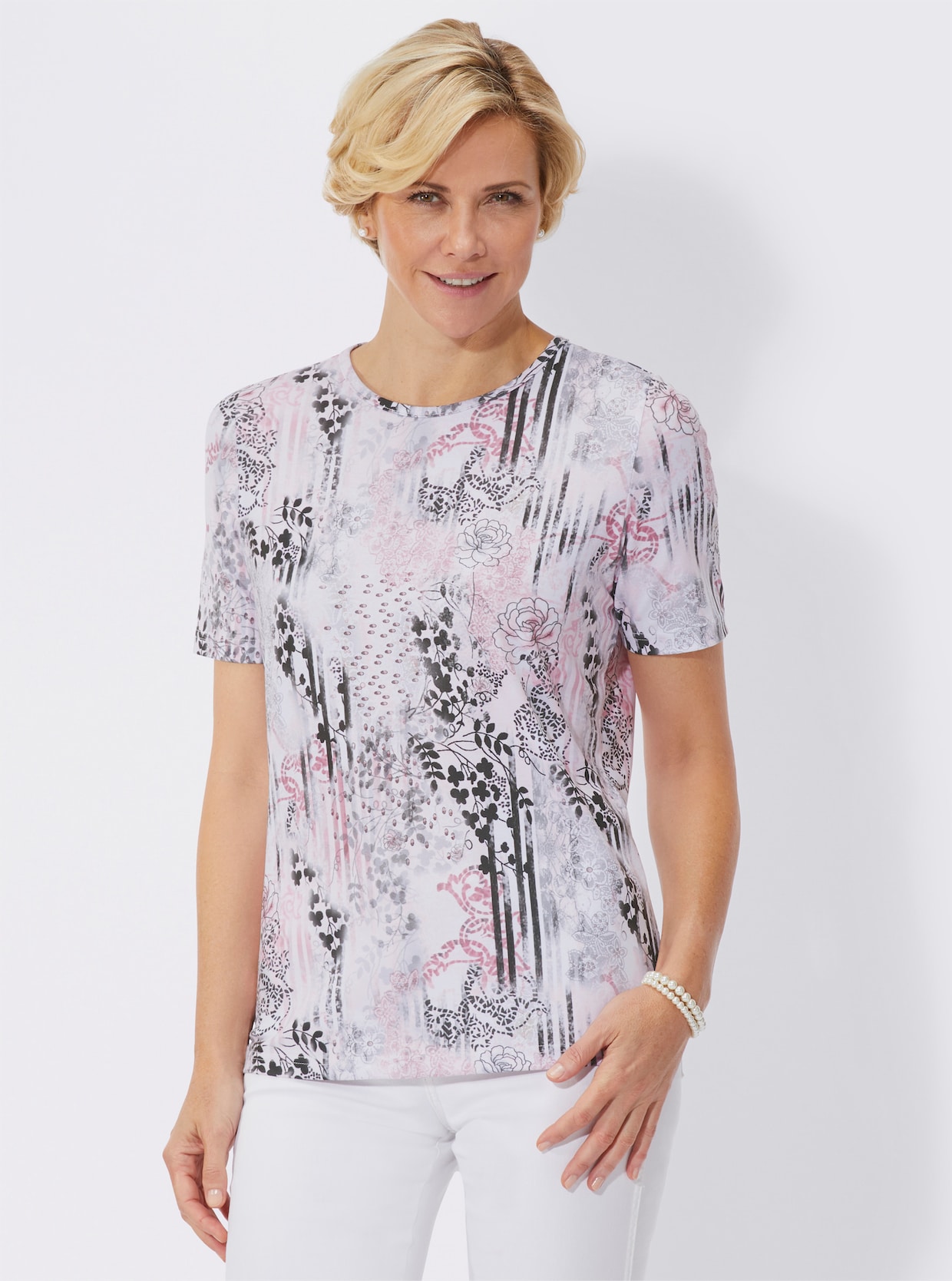 Shirt met ronde hals - oudroze/grijs geprint