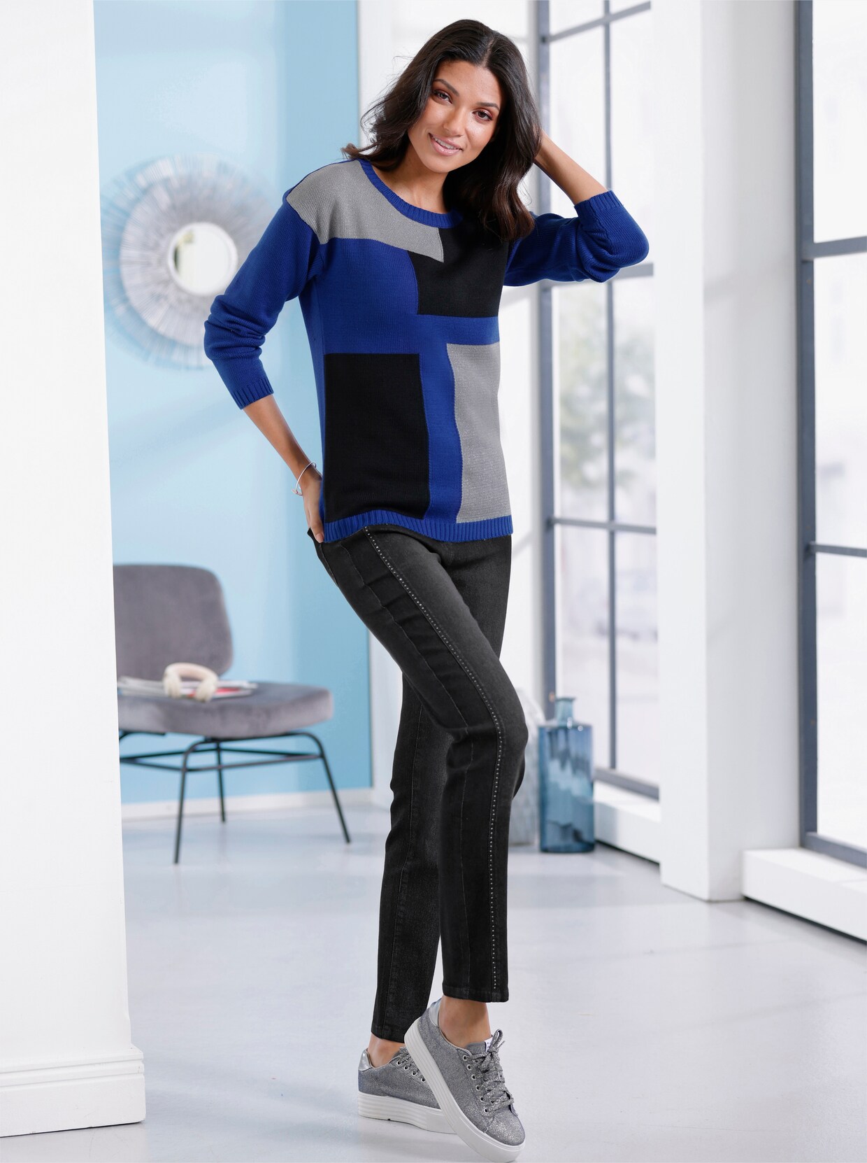 Pullover met lange mouwen - zwart/koningsblauw gedessineerd