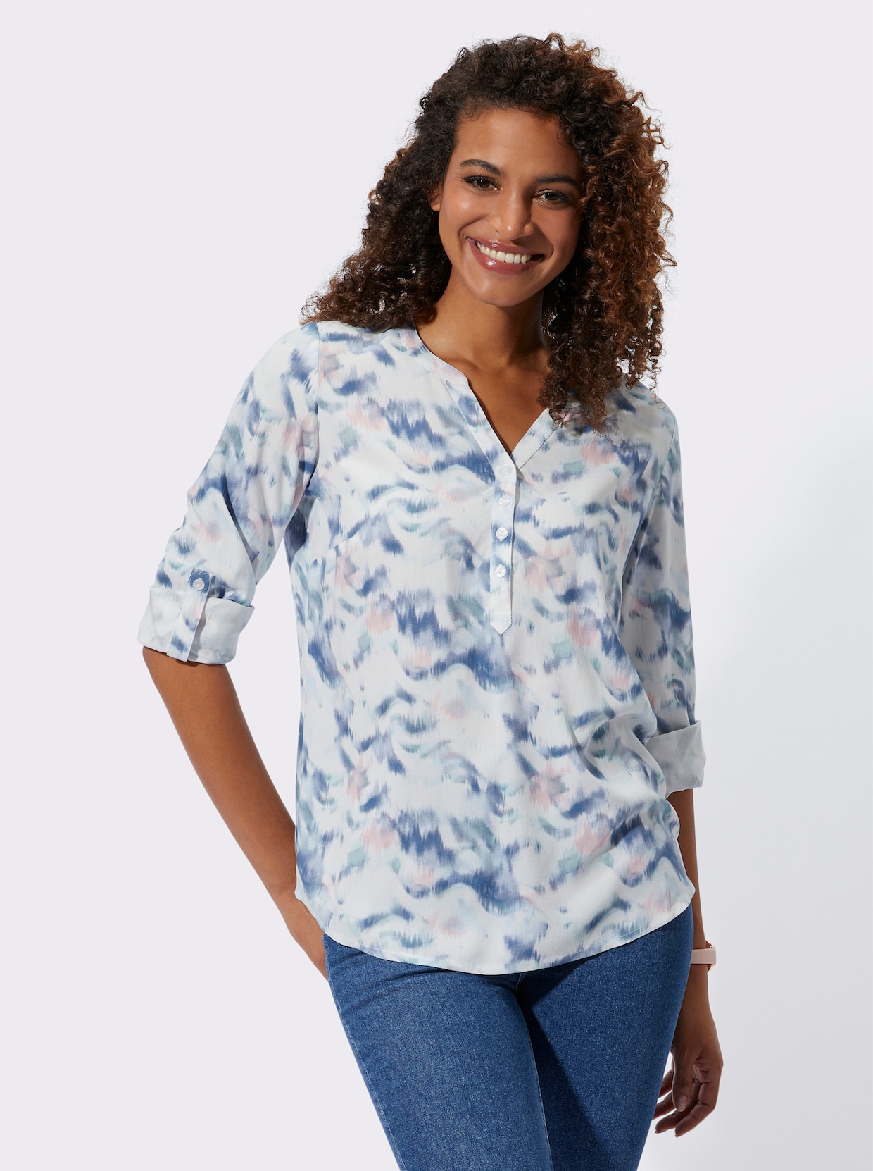 Druckbluse - ecru-jeansblau-bedruckt