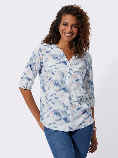 Druckbluse mit Krempelärmel - ecru-jeansblau-bedruckt