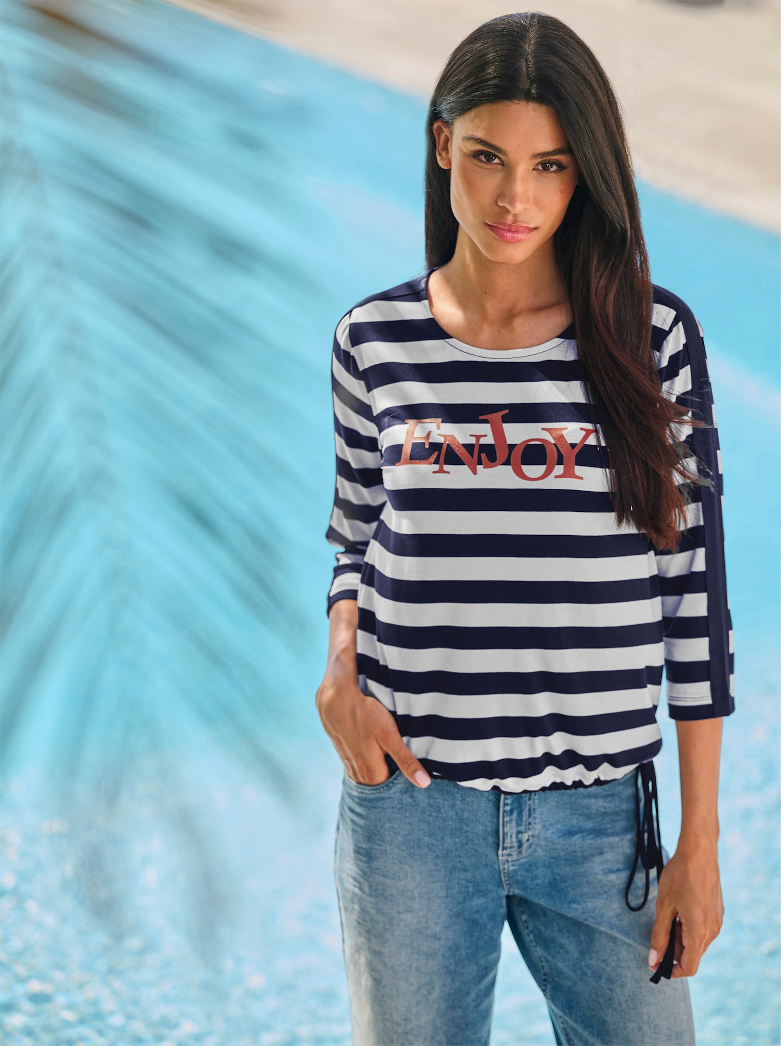 heine T-shirt rayé avec inscription - marine-blanc à rayures fines