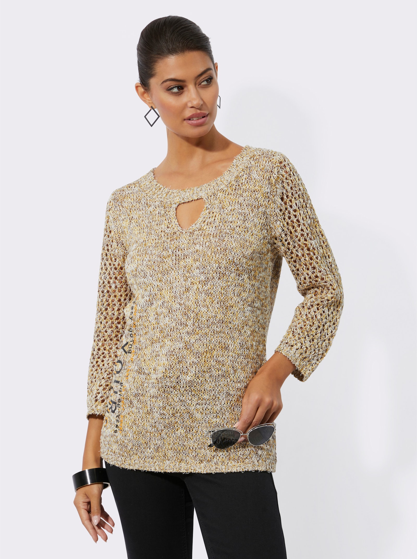 3/4 Arm-Pullover mit Glanzgarn - gelb-beige-meliert