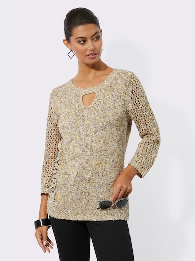 3/4 Arm-Pullover mit Glanzgarn - gelb-beige-meliert