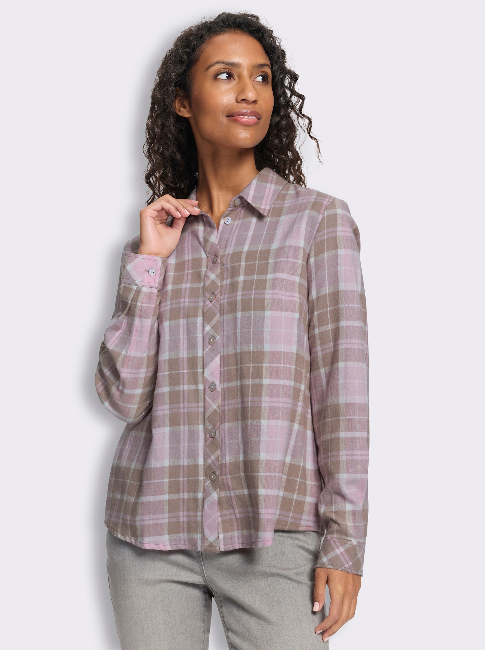 heine Flanellbluse mit Webkaro - sesam-rosé-kariert