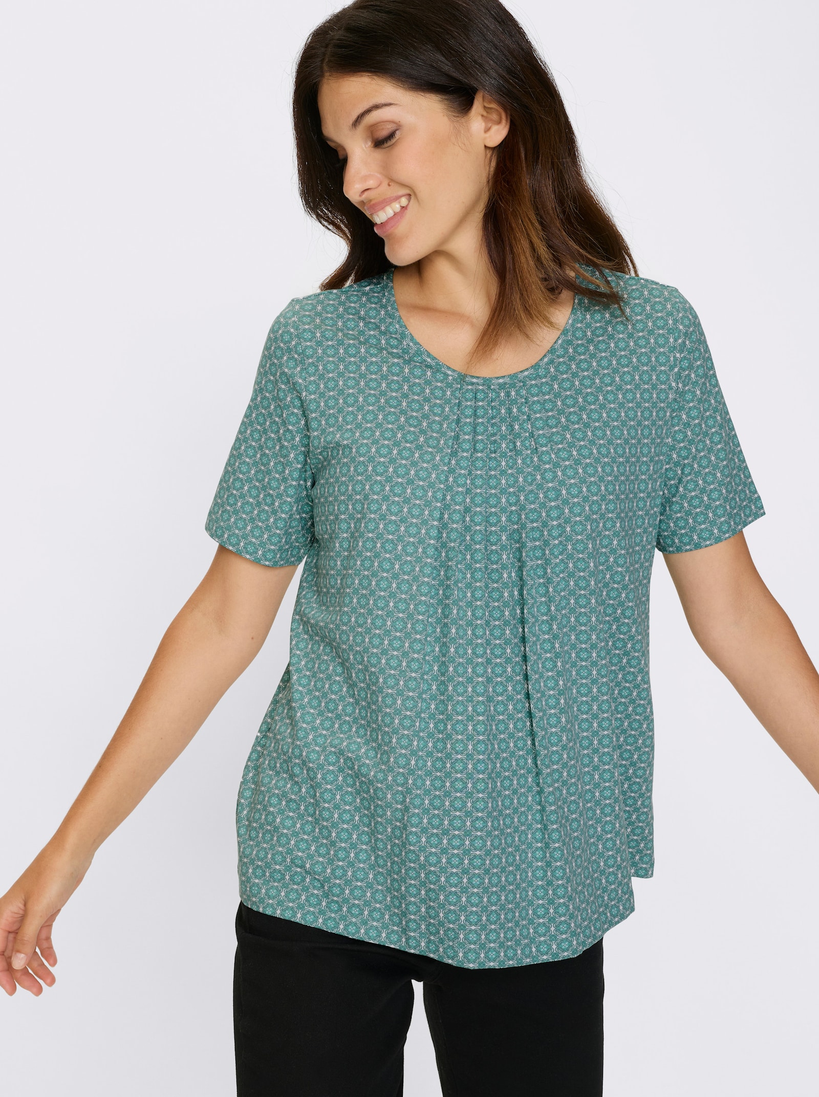 Shirt met korte mouwen en biezen - salie/wit bedrukt