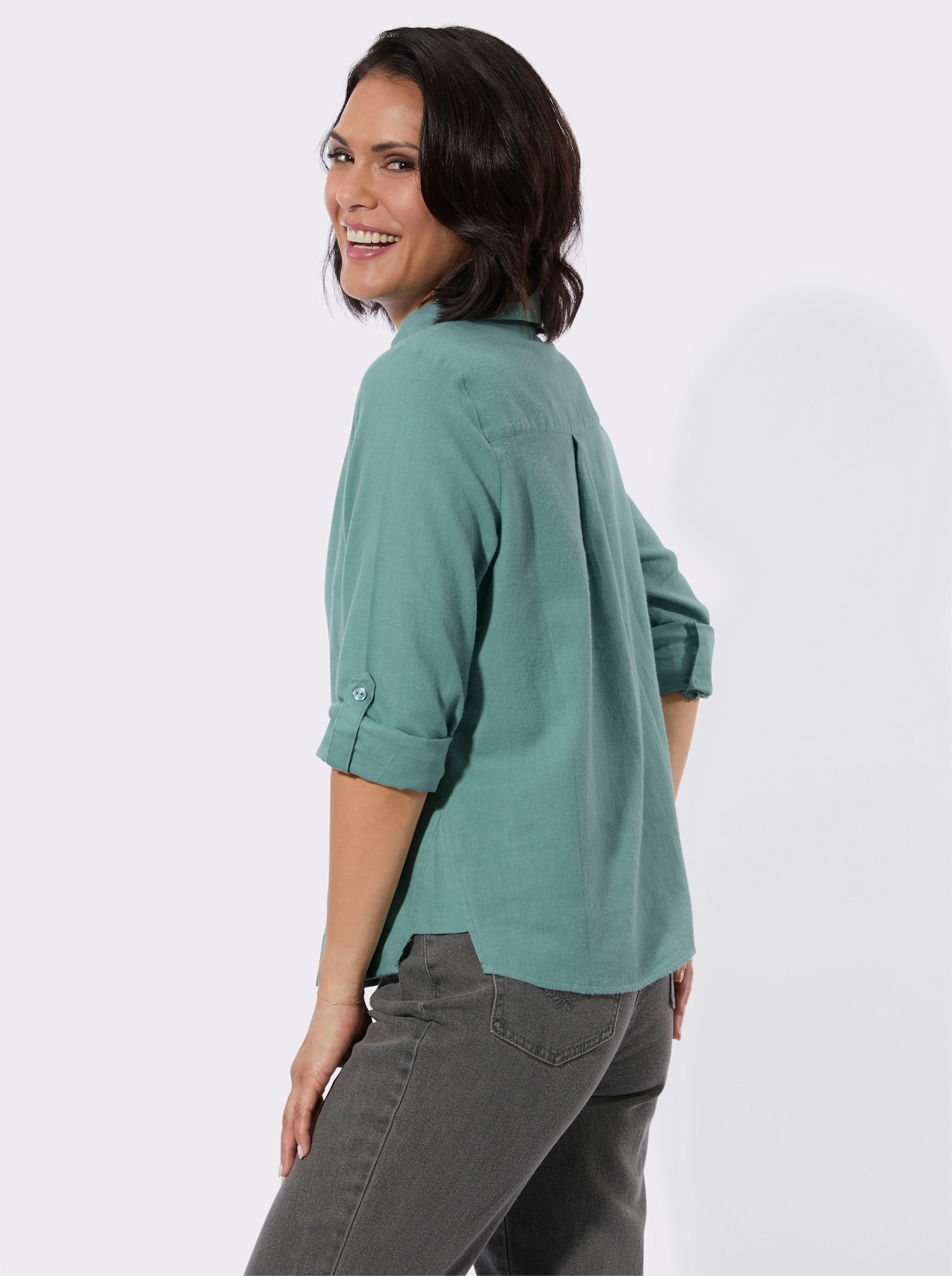 Flanellbluse mit krempelbaren Ärmeln - jade