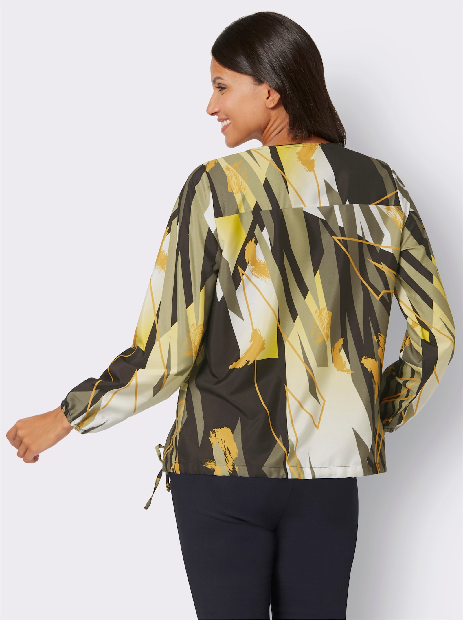 Schlupfbluse mit Glitzersteinchen - khaki-limone-bedruckt