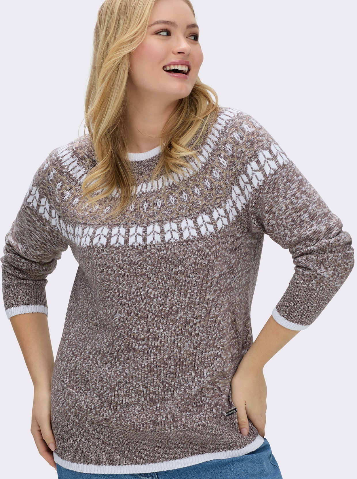 Norwegerpullover mit breiten Rippbündchen - dunkeltaupe-beige-meliert