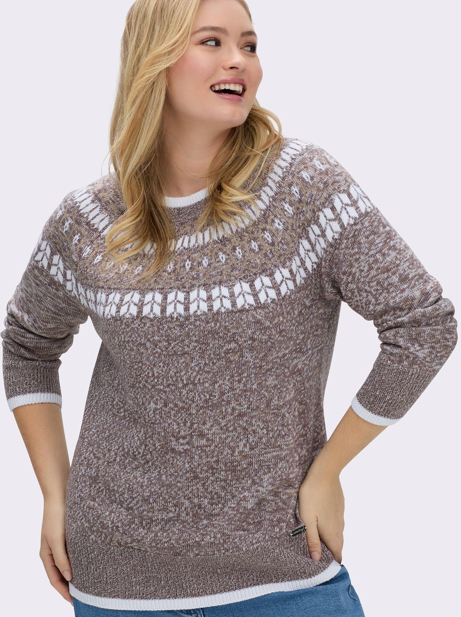 Norwegerpullover mit breiten Rippbündchen - dunkeltaupe-beige-meliert