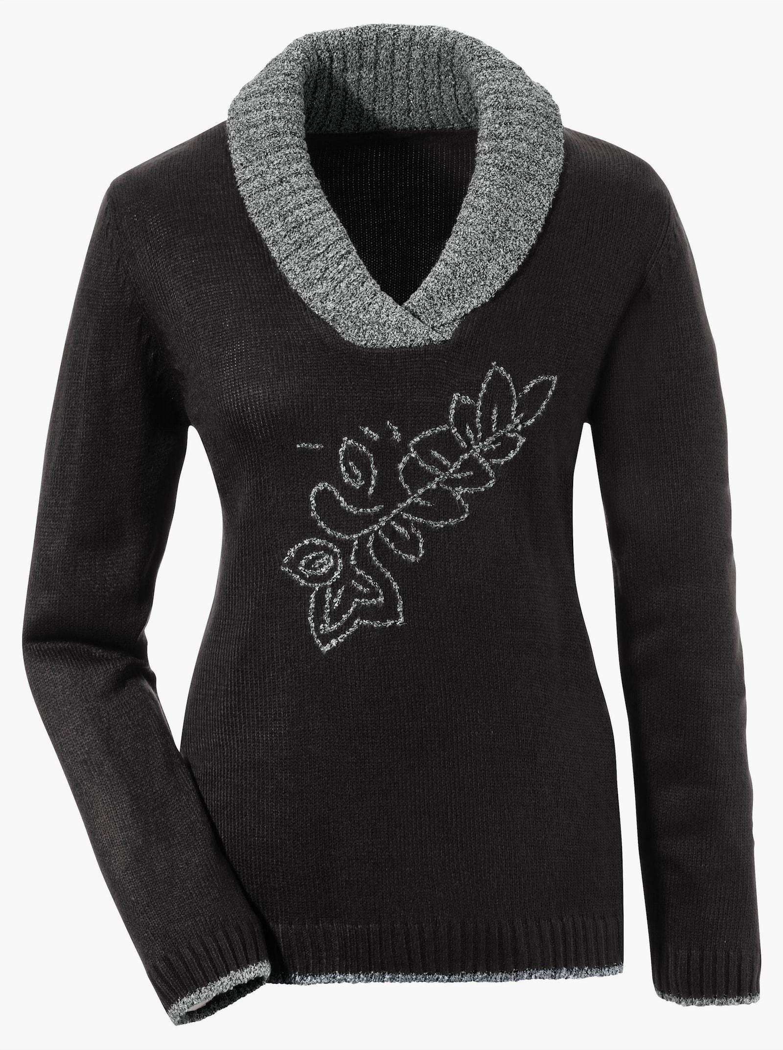 Gebreide pullover met bloemenborduursel - antraciet