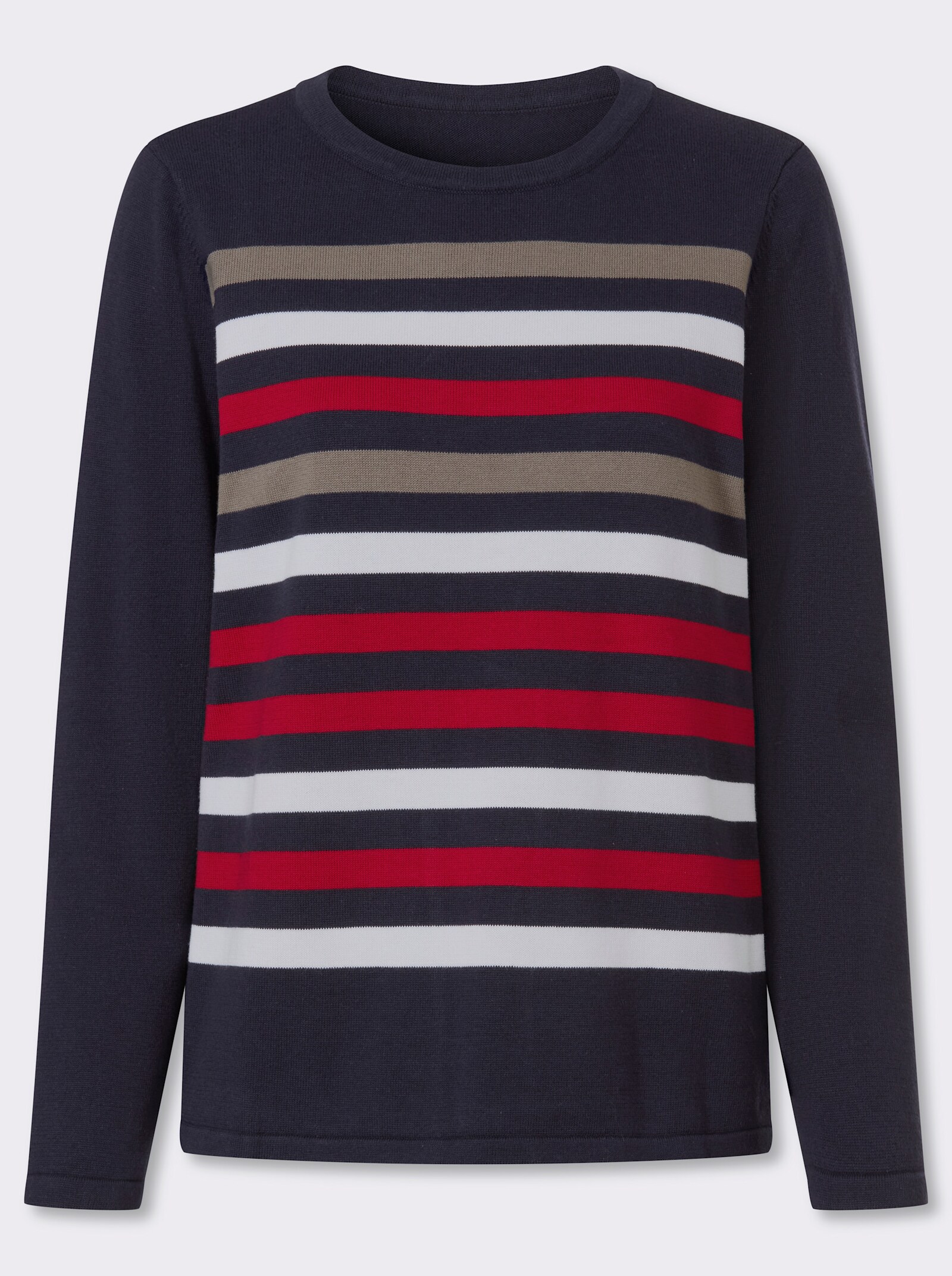 Rundhalspullover aus reiner Baumwoll - marine-rot-geringelt