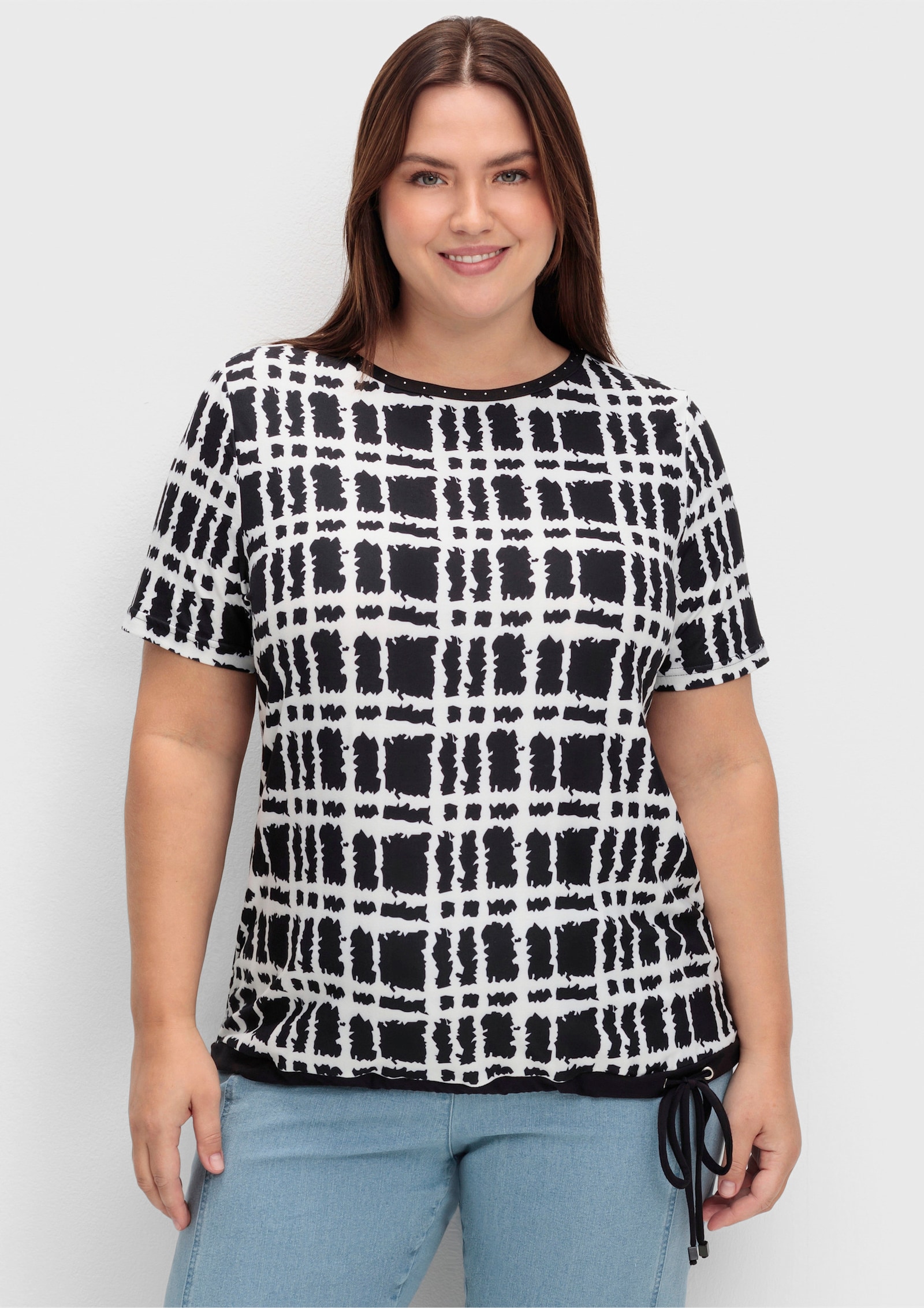 Kurzarmshirt mit Bindebändern - ecru-schwarz-bedruckt