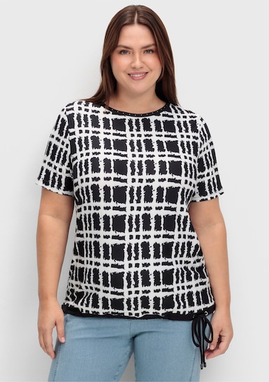 Kurzarmshirt mit Bindebändern - ecru-schwarz-bedruckt