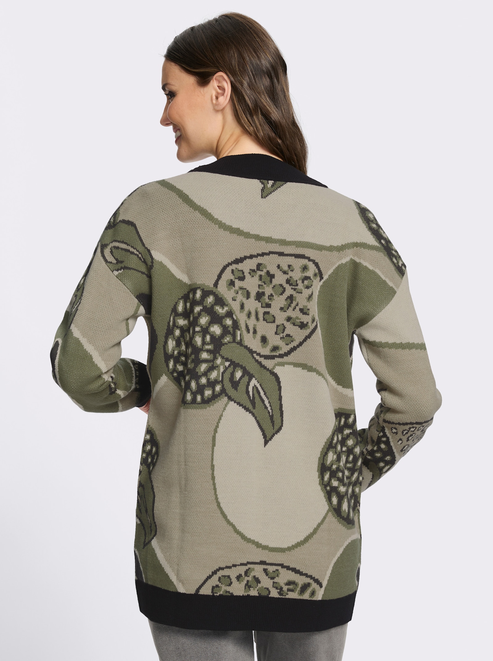 Jacquardstrickjacke mit überschnittenen Schultern - khaki-schwarz-gemustert