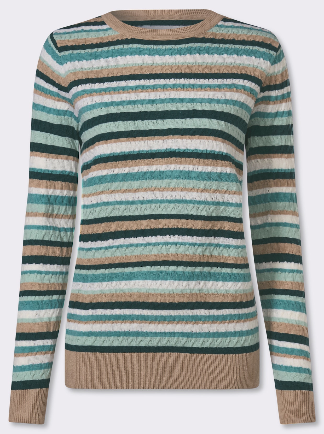 Rundhalspullover mit Zopfmuster im Ringel-Dessin - ozean-kalkmint-geringelt