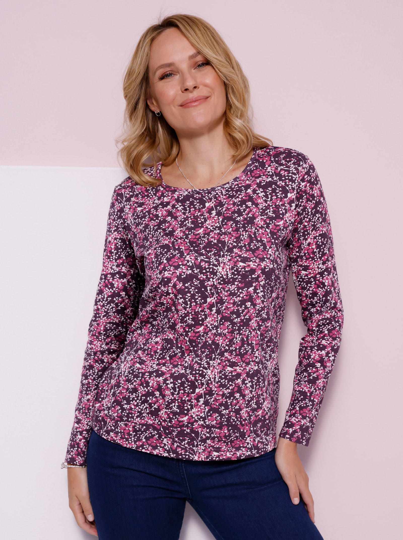 Langarmshirt mit Millefleur-Druck - traube-ecru-bedruckt