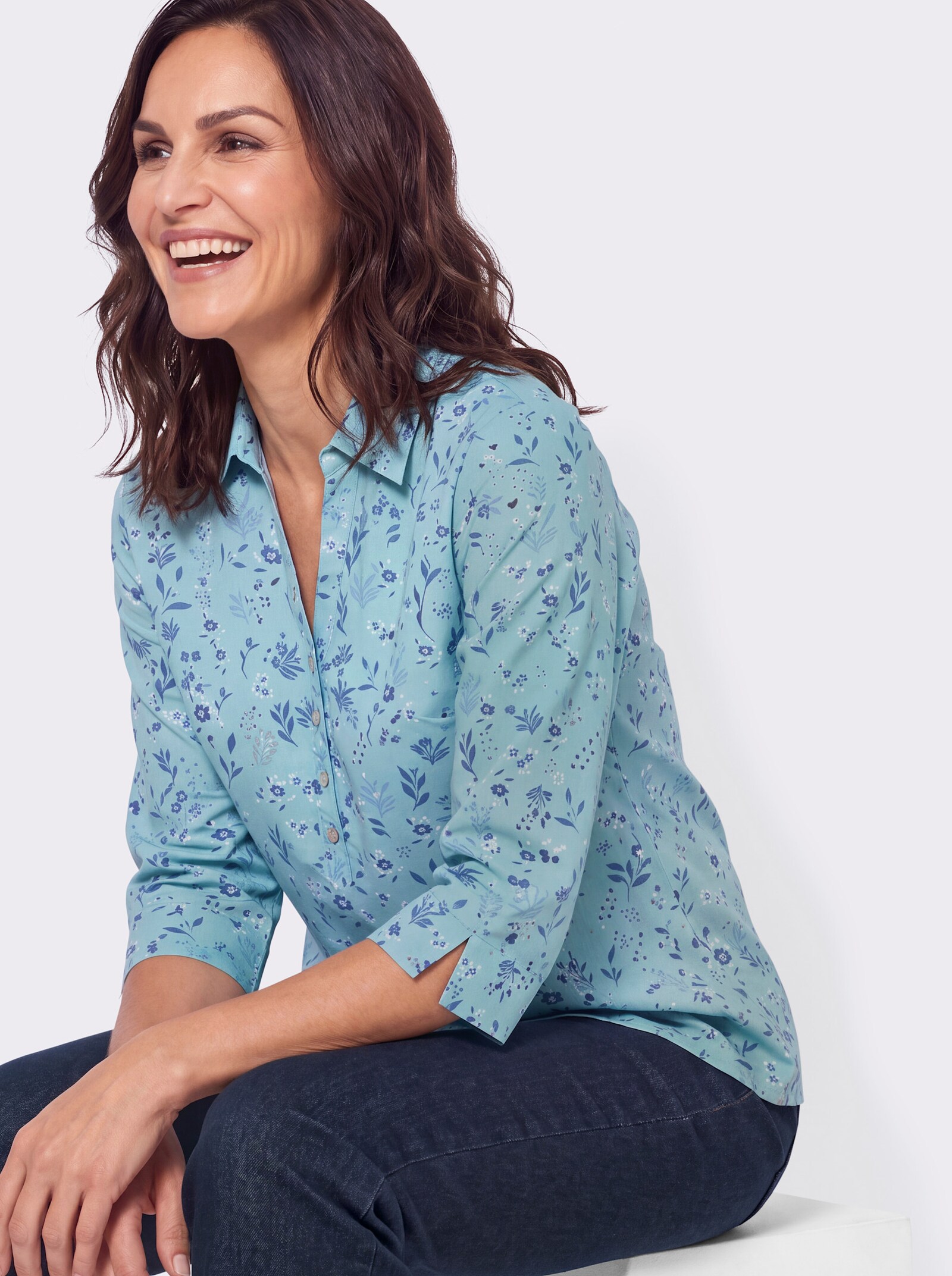 Druckbluse in Schlupfform - mint-jeansblau-bedruckt