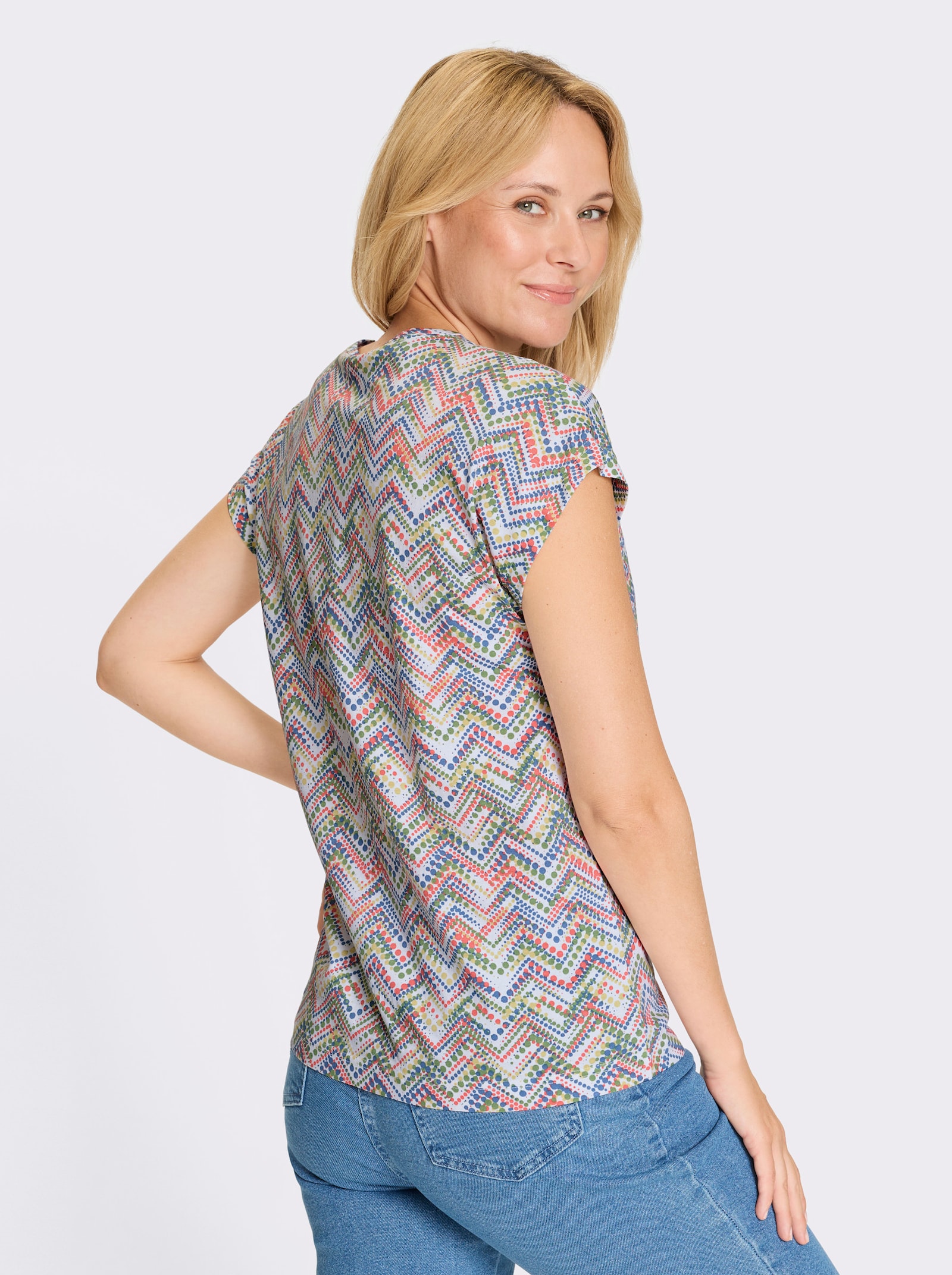 Shirt met print en zigzagpatroon rondom - eucalyptus/koraal bedrukt