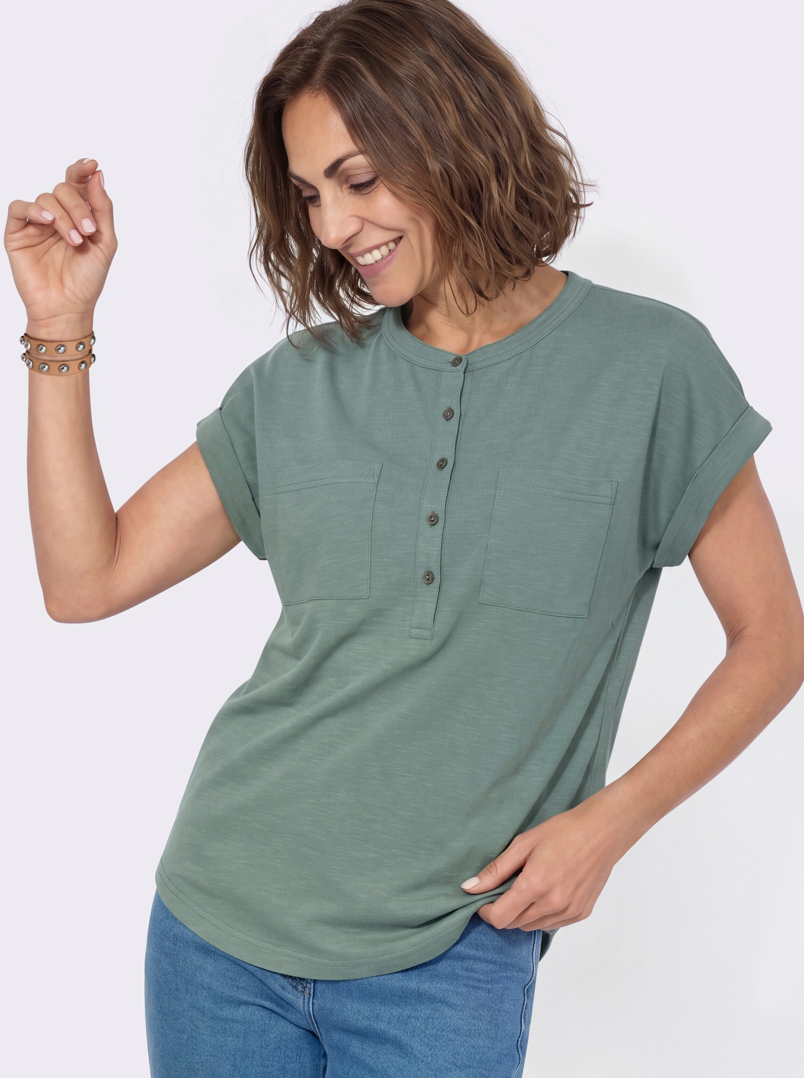 Kurzarmshirt mit Ärmelaufschlägen - jade