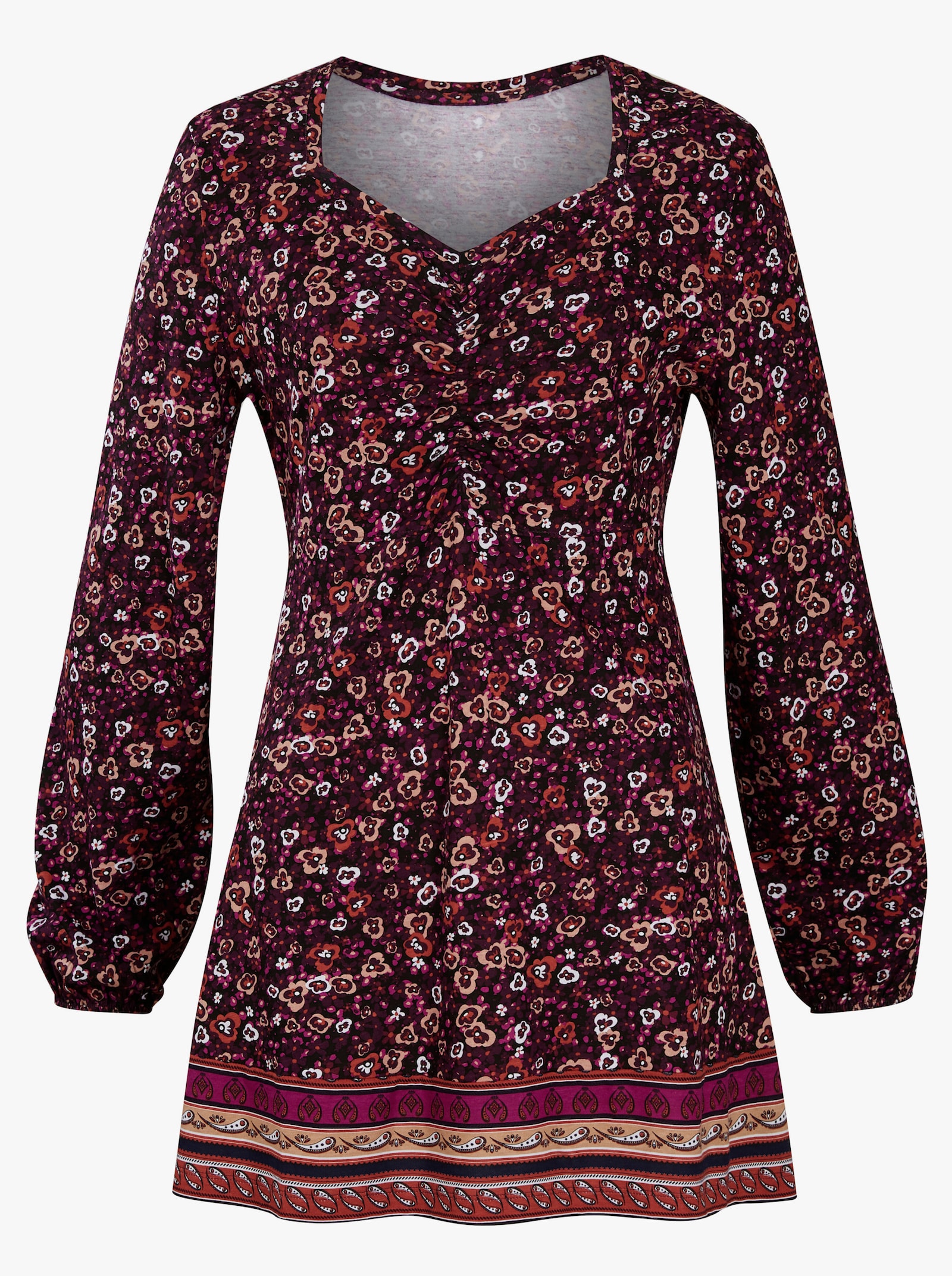 Langarmshirt mit Bordüren-Print, geblümt - schwarz-dunkelrot-gemustert