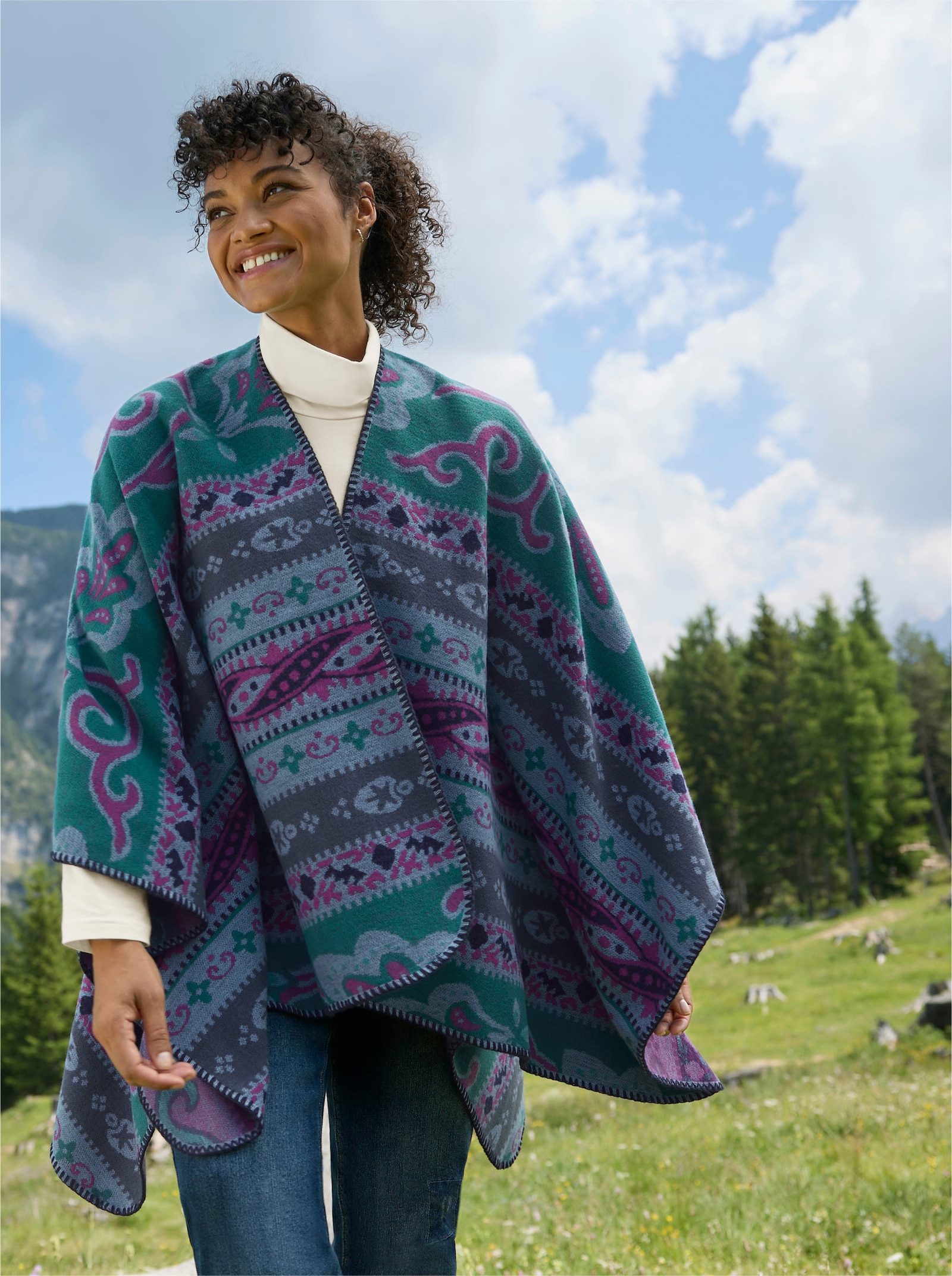 sheego by Joe Browns Strickponcho in offener Form - petrol-malve-gemustert