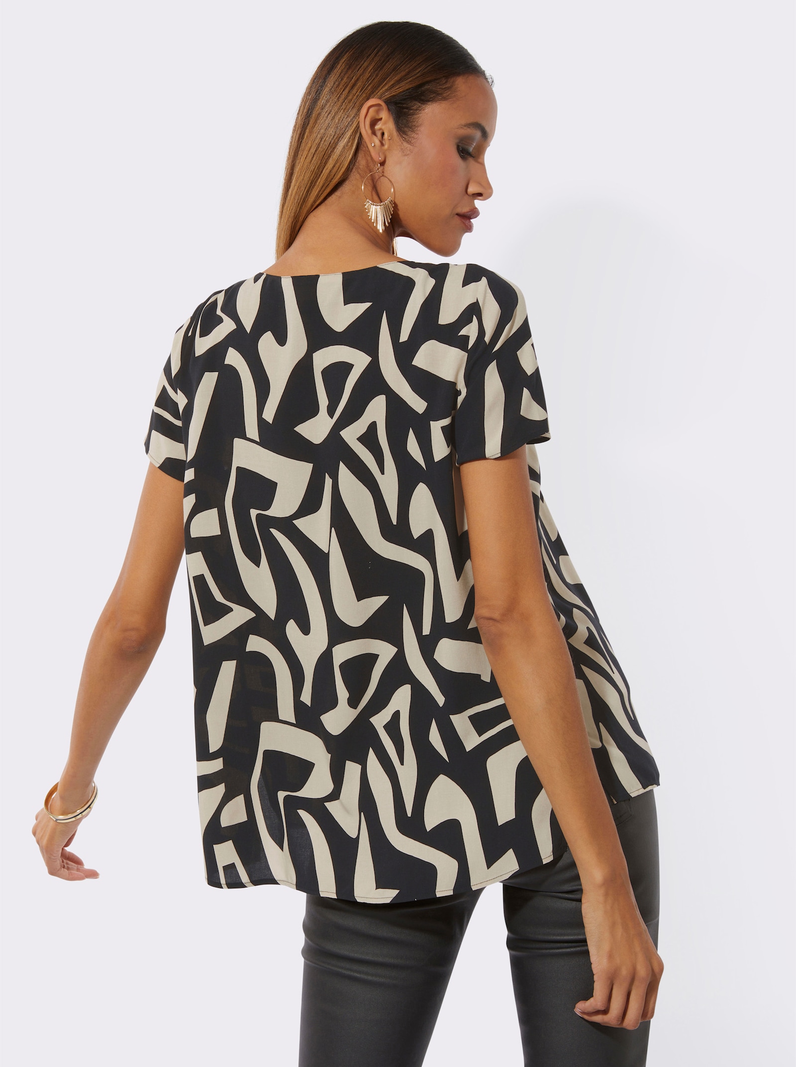Blouse met korte mouwen en grafische print - zand/zwart gedessineerd