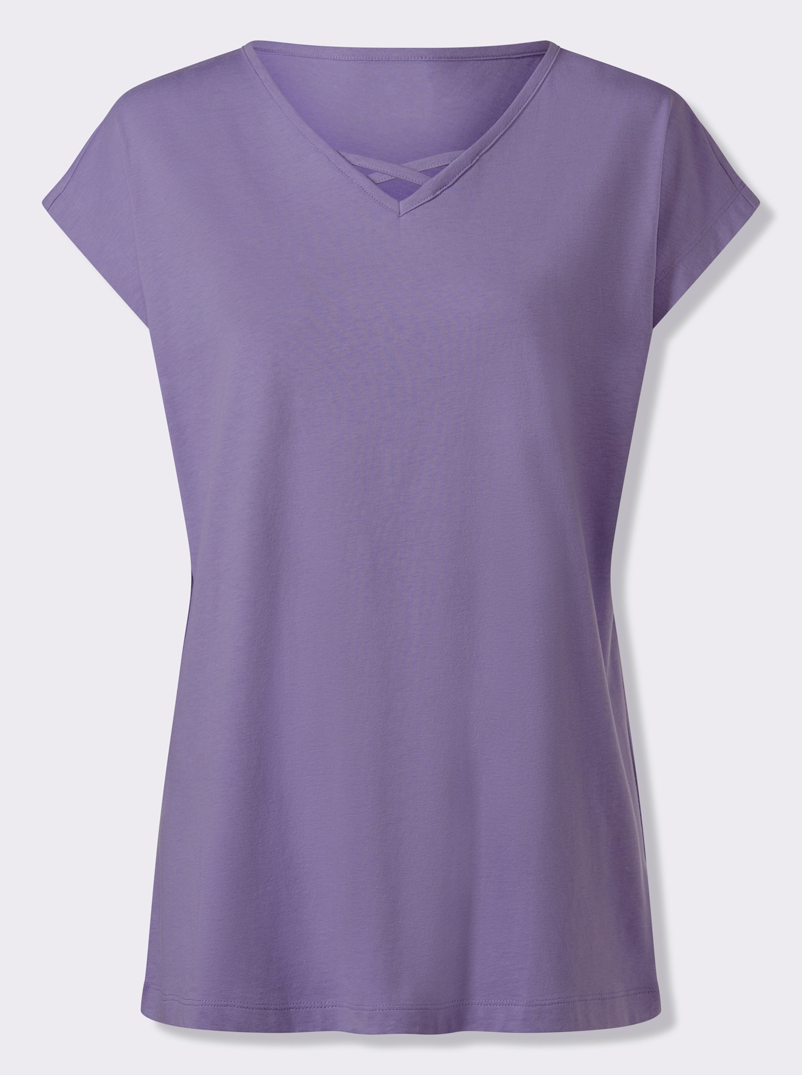 Dlouhé tričko s ozdobnými pásky ve výstřihu - levandulová