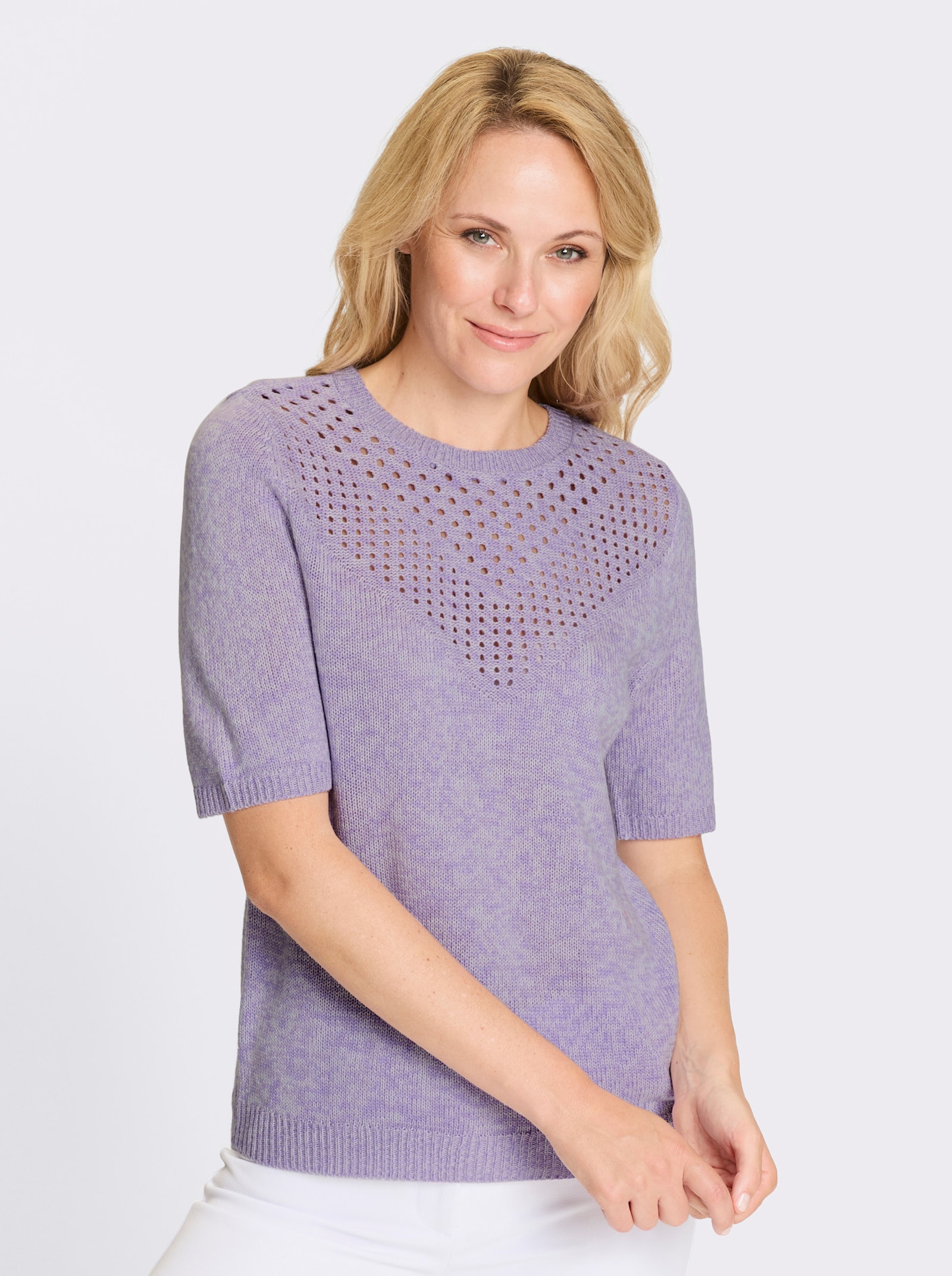 Kurzarmpullover in Melange-Optik - lavendel-ecru-meliert