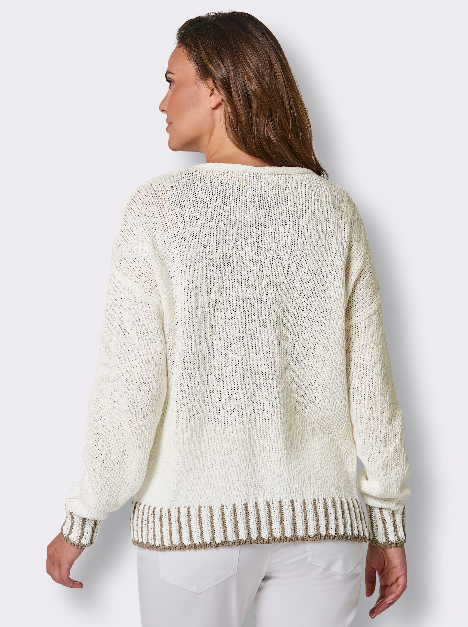 CREATION L PREMIUM Strickjacke mit Kontrast-Streifen - ecru