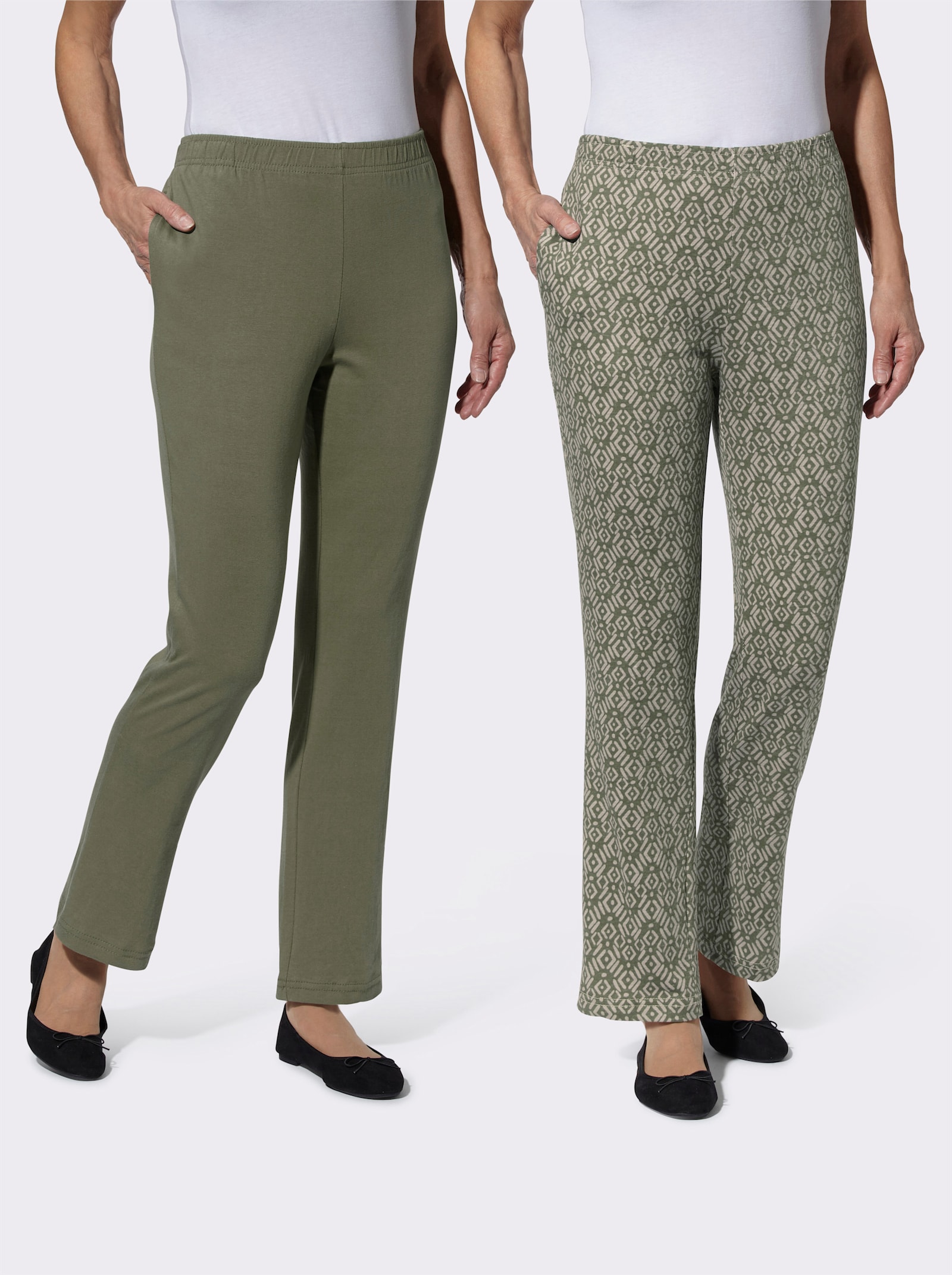 Bekväm byxa med hel resårlinning - khaki + khaki, med tryck