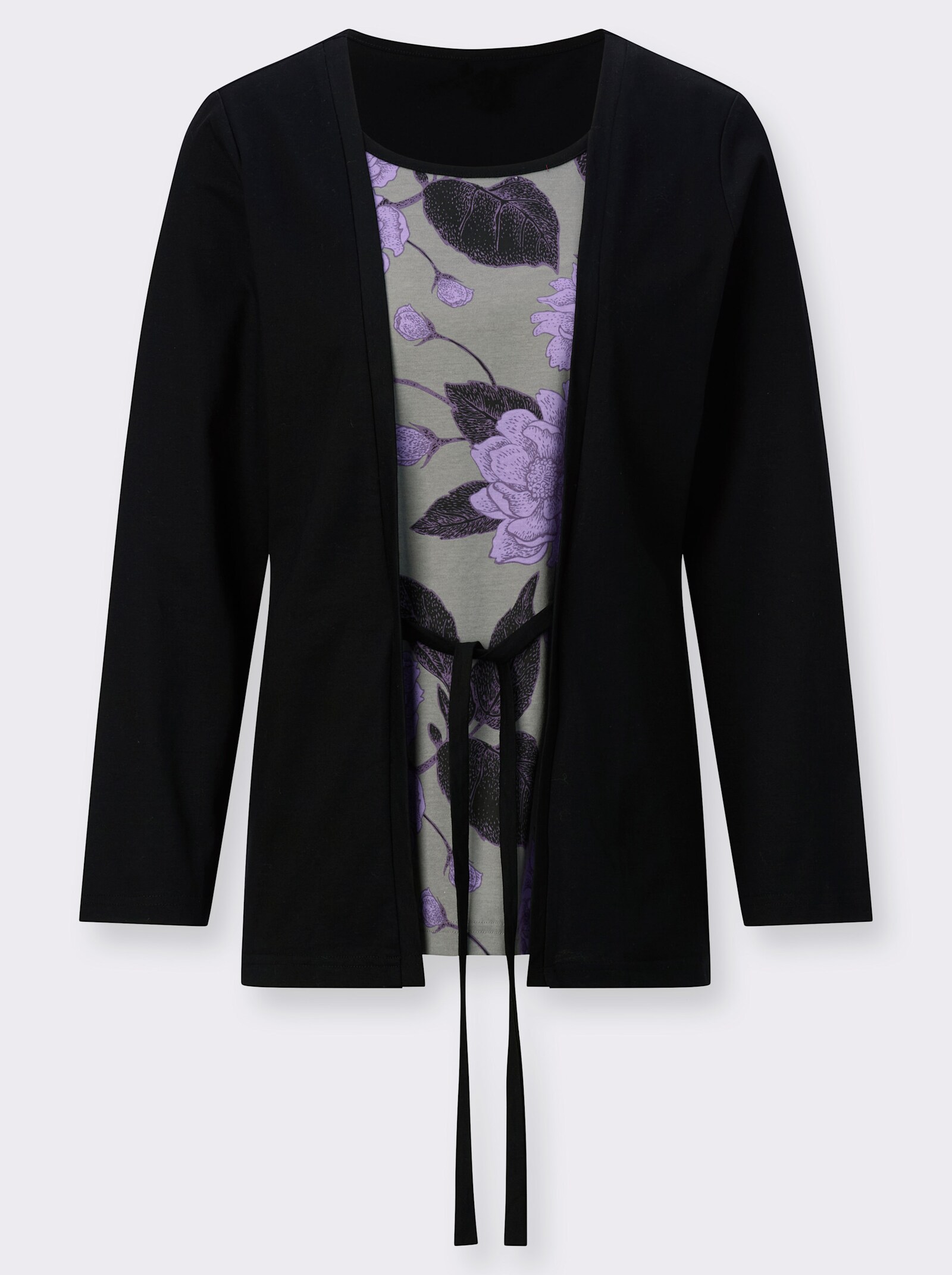 2-in-1-Langarmshirt mit floralem Druck - schwarz-lavendel