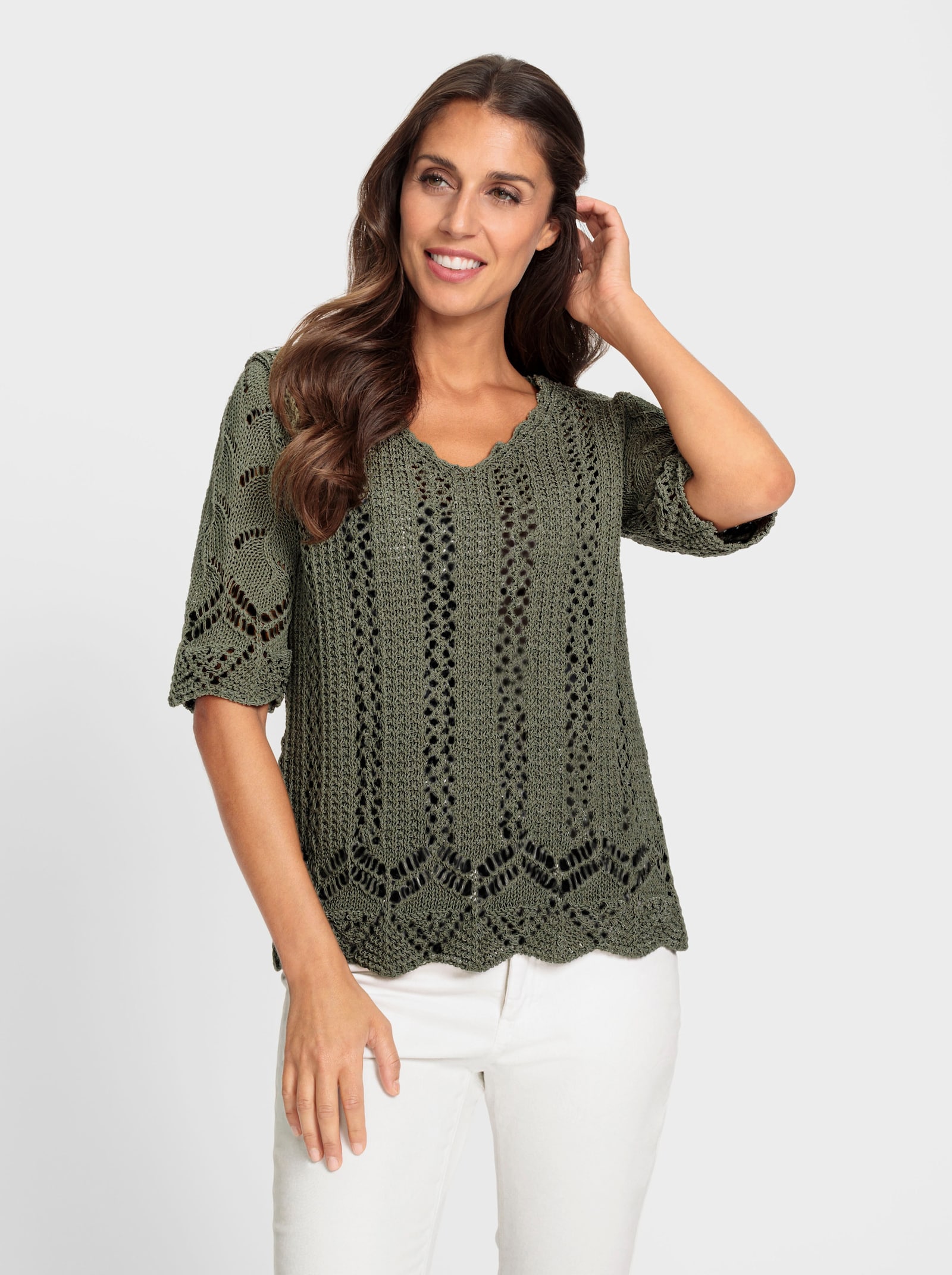 heine Ajourpullover mit Wellenkante - khaki